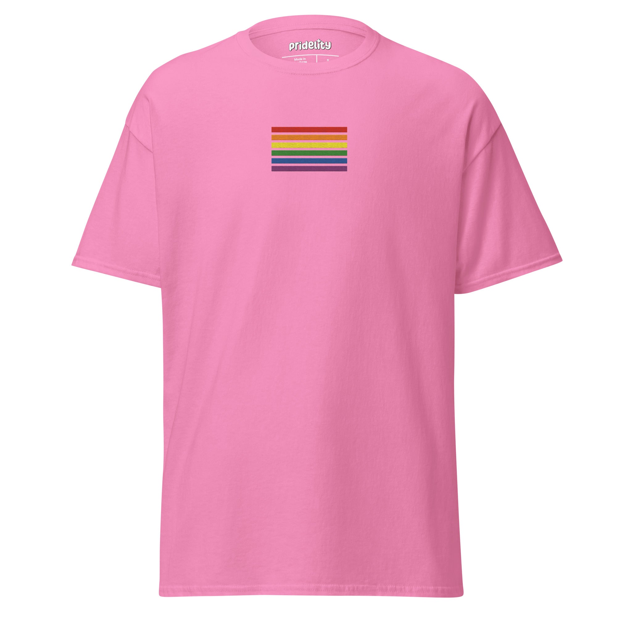 The Rainbow Stripes T-Shirt from Pridelity is black with a small rainbow stripe pattern on the chest, featuring horizontal stripes in red, orange, yellow, green, blue, and purple. The brand name 