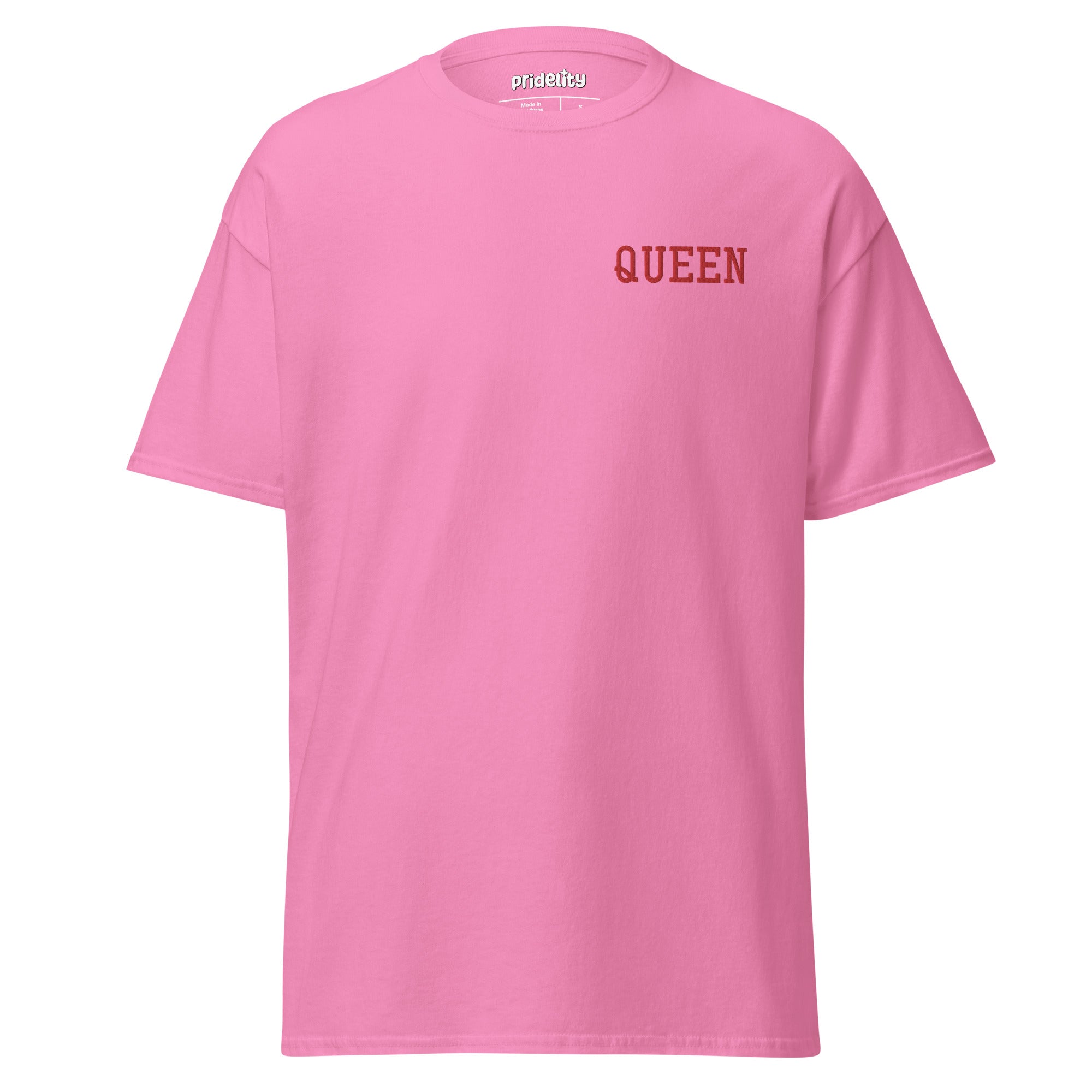 The Pridelity Queen T-Shirt adds a vibrant flair to its simple white design with the word 