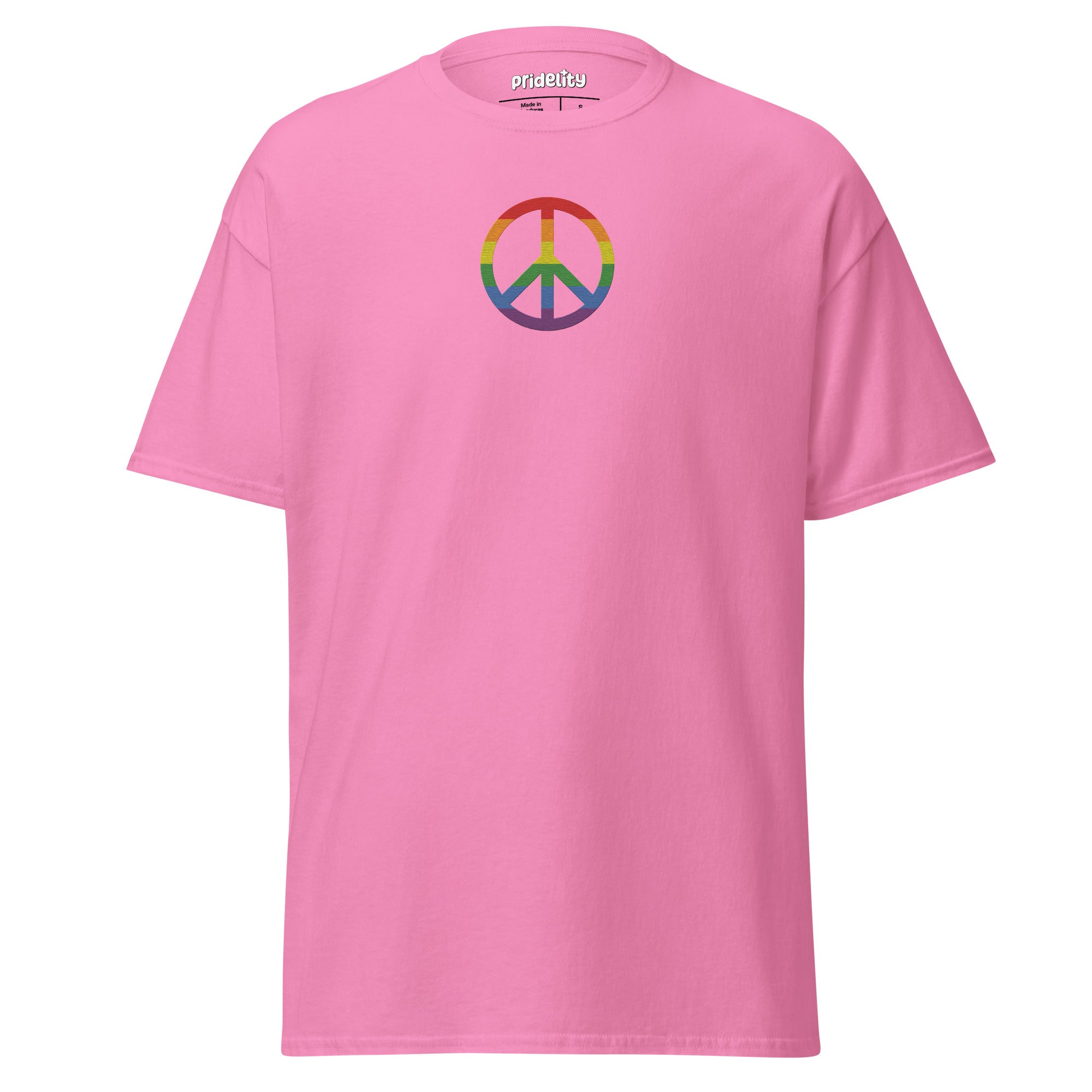 Pridelity's black Peace T-Shirt showcases a rainbow-colored peace symbol prominently in the center.