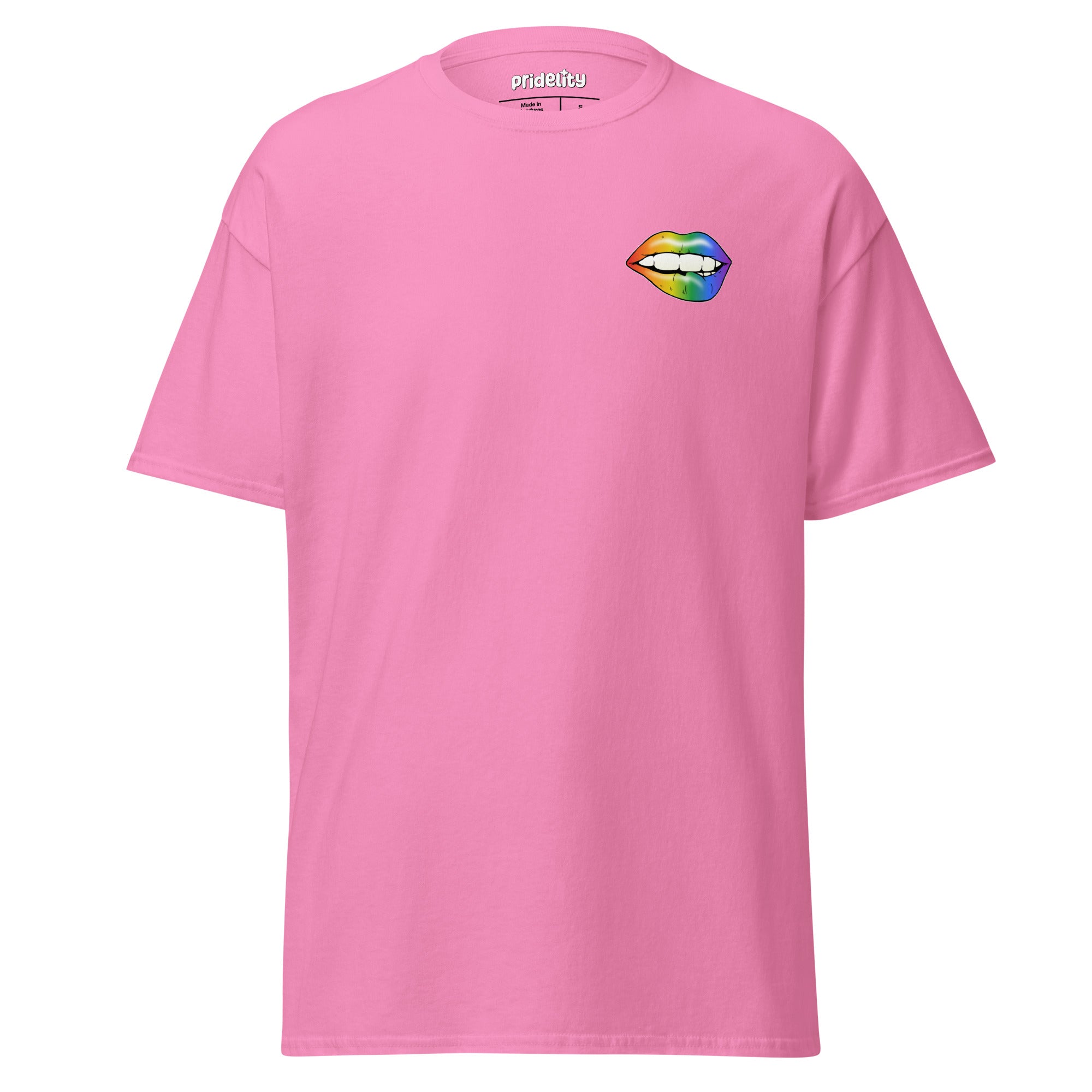 Introducing the Flirty Lips T-Shirt by Pridelity, featuring a vibrant rainbow gradient lips graphic elegantly placed on the upper left of a classic white shirt.