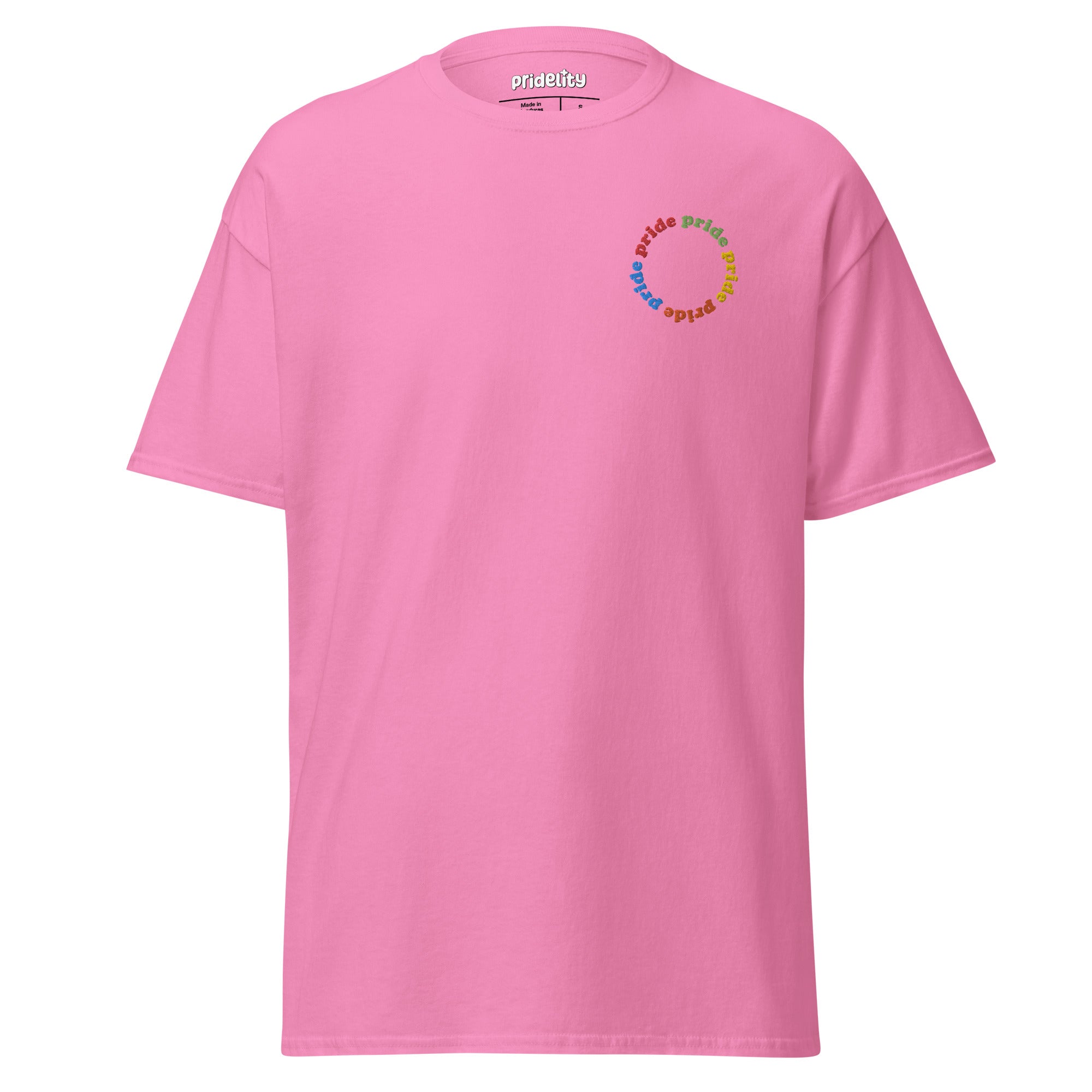 The Pride Circle T-Shirt by Pridelity showcases a beige shirt adorned with a vibrant 