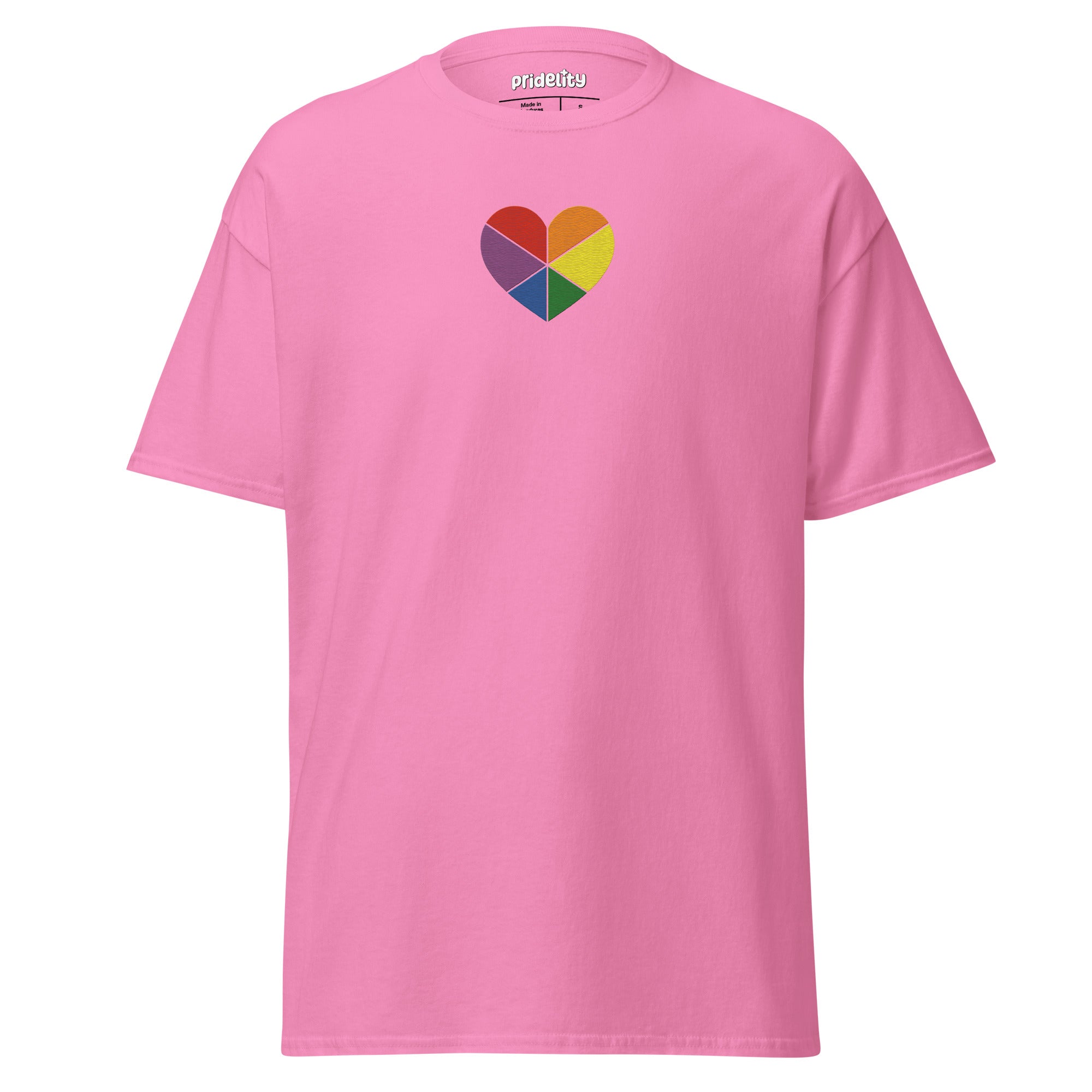 An Azalea-colored Proud Heart T-Shirt by Pridelity, showcasing a central heart design divided into six vivid rainbow-colored segments.