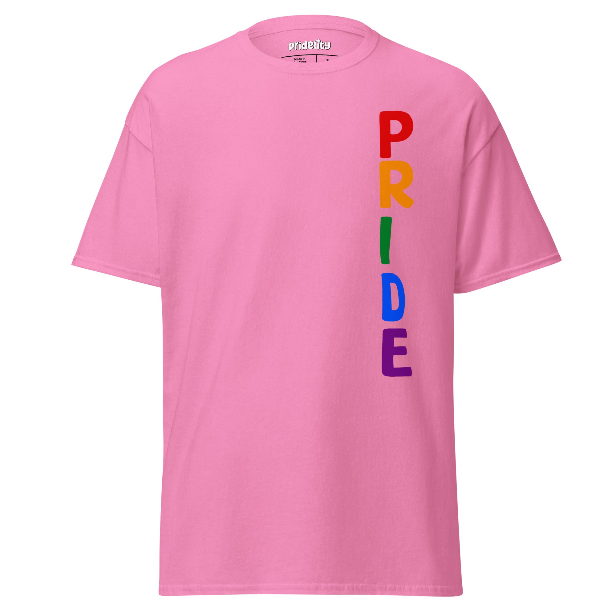 The Pride Vertical T-Shirt by Pridelity is available in light blue and prominently displays the word 