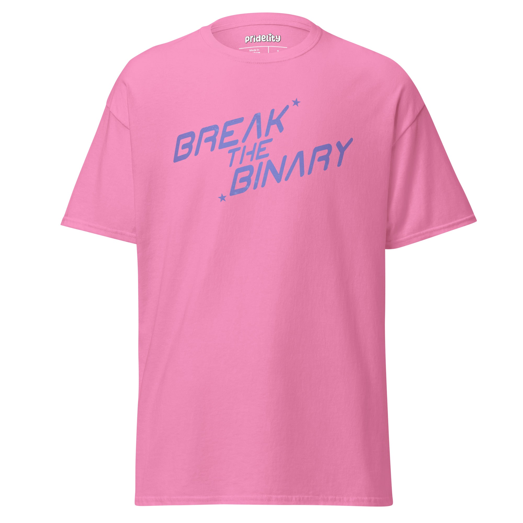 The Break The Binary T-Shirt by Pridelity, part of our Pride Collection, showcases the phrase 