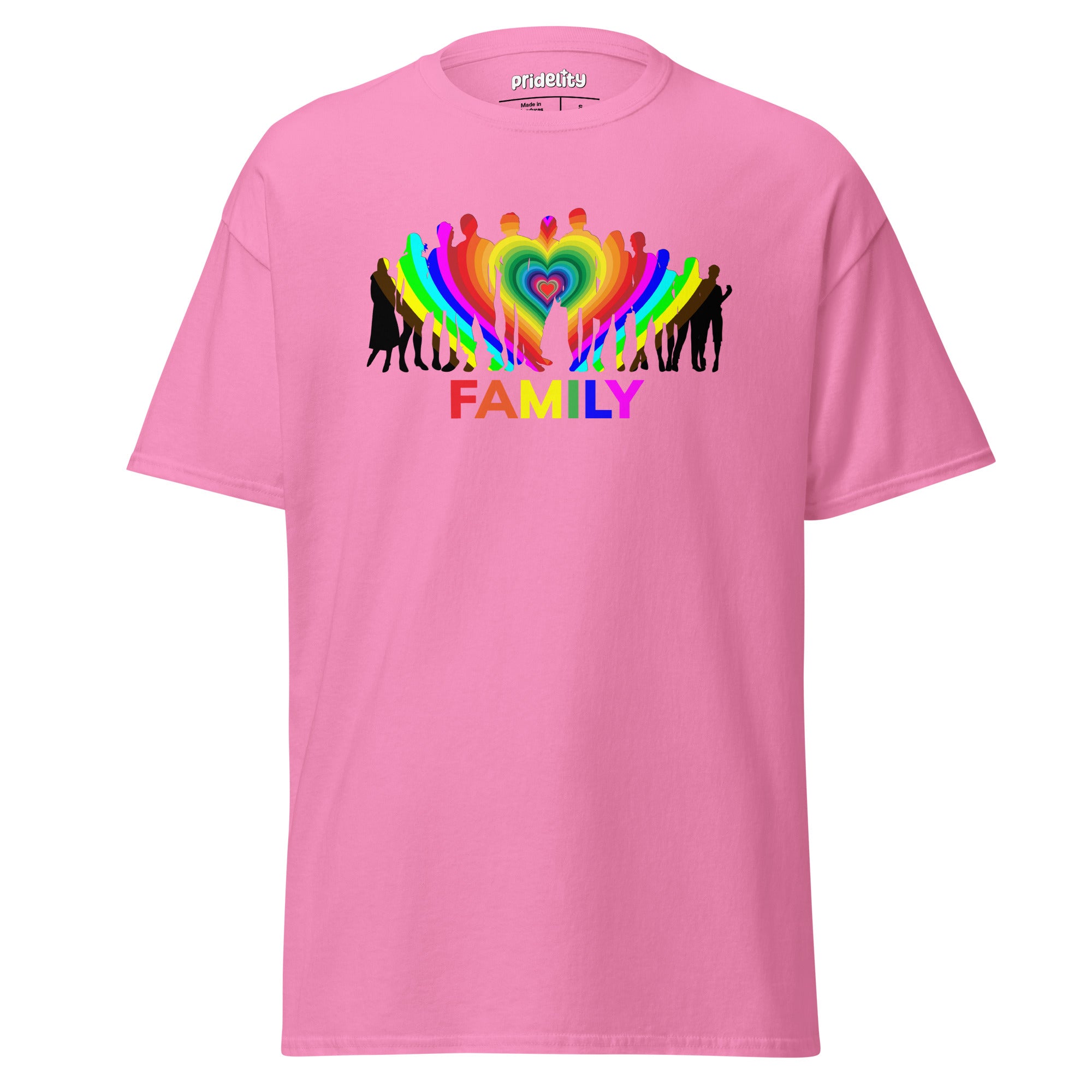 A natural-colored Family T-Shirt from Pridelity's pride collection features a striking rainbow silhouette of a family with a heart at the center. The word 