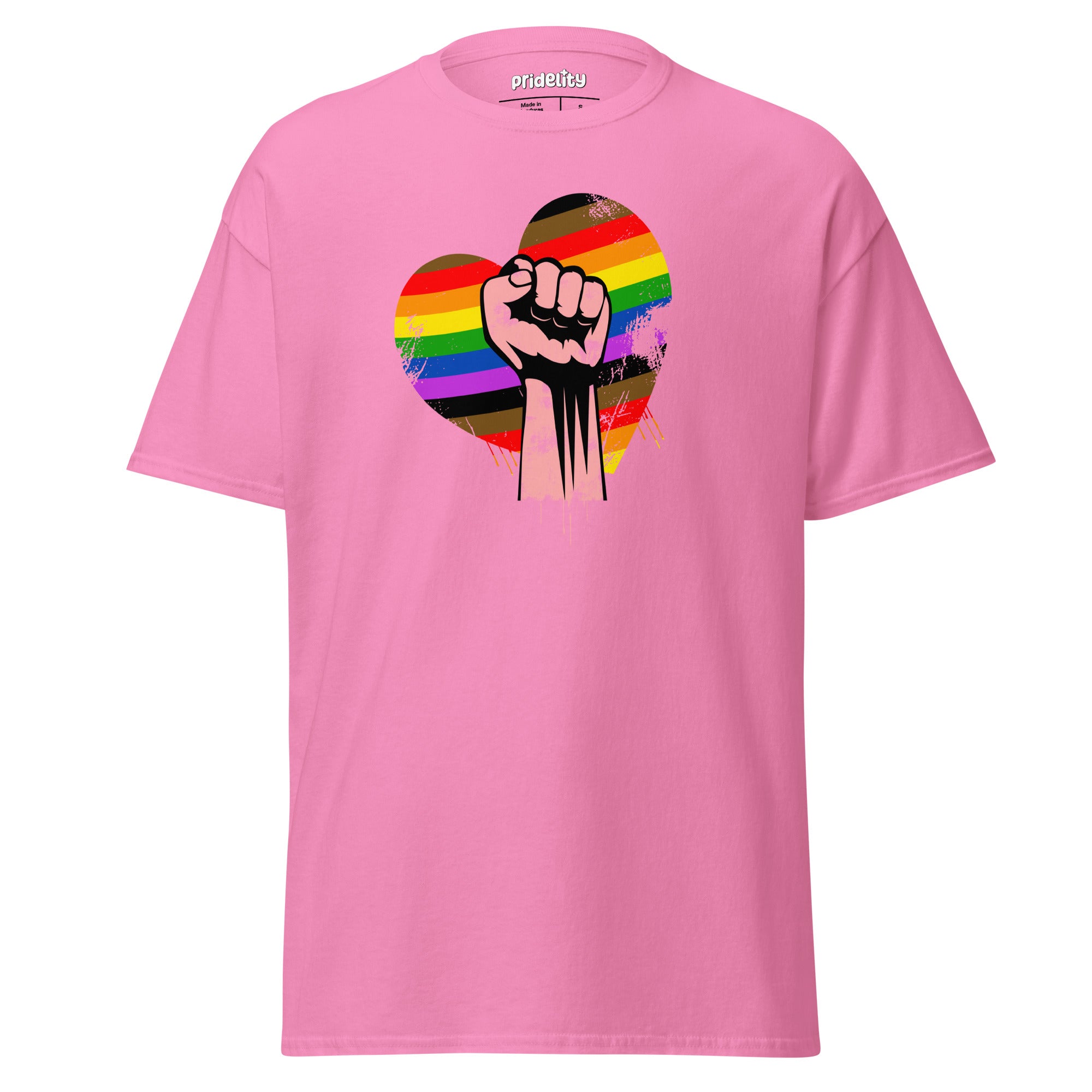 Introducing the Fist Up T-Shirt by Pridelity, a striking black pride shirt featuring a grungy, sketched-style graphic of a raised fist within a rainbow-striped heart. This unique design combines Black pride and LGBTQ+ pride, making it an essential piece of merchandise.