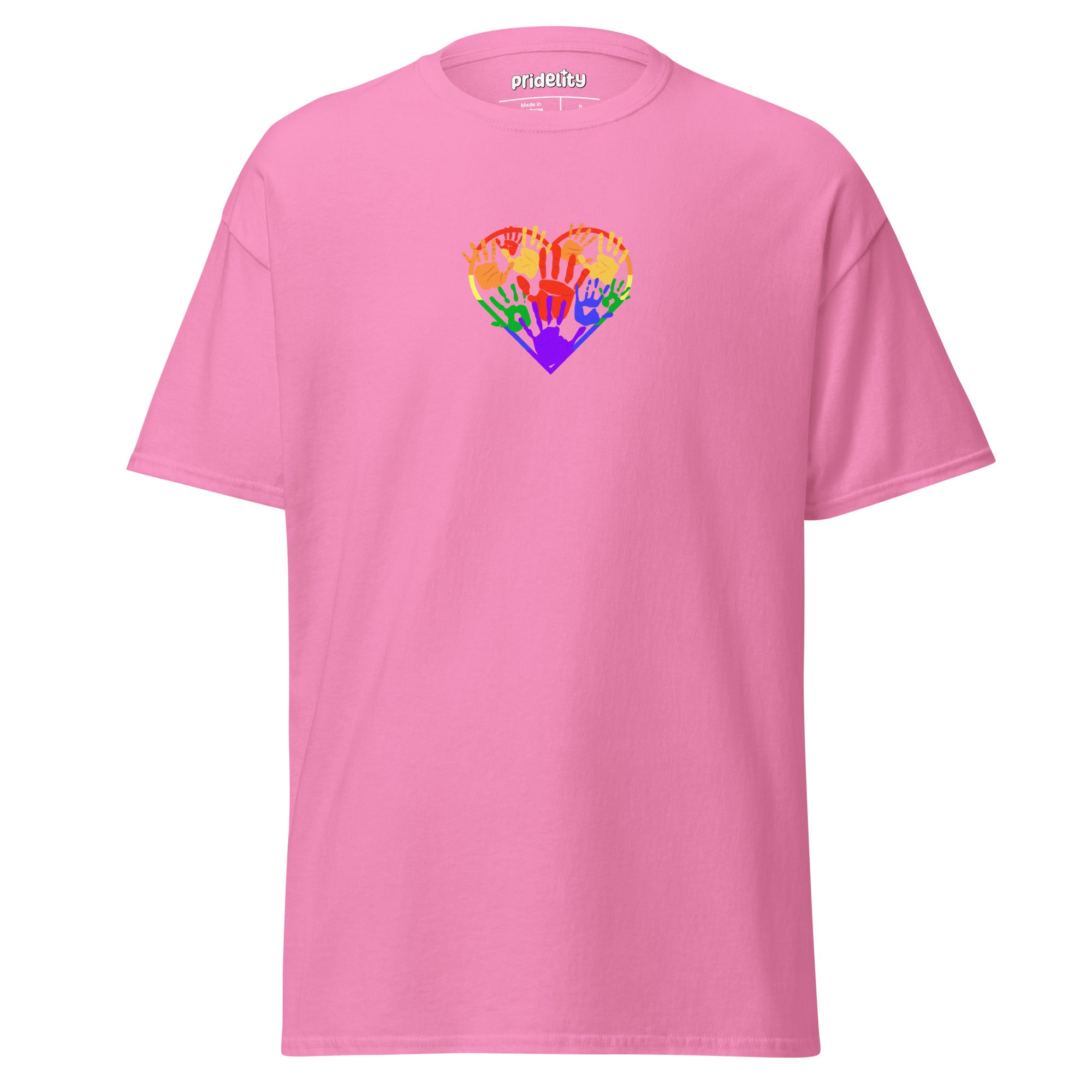 Introducing the Heartfelt Pride T-Shirt by Pridelity, a purple tee from our pride merch collection. It showcases a heart-shaped design of hands in diverse skin tones raised together in solidarity and rainbow colors, with 