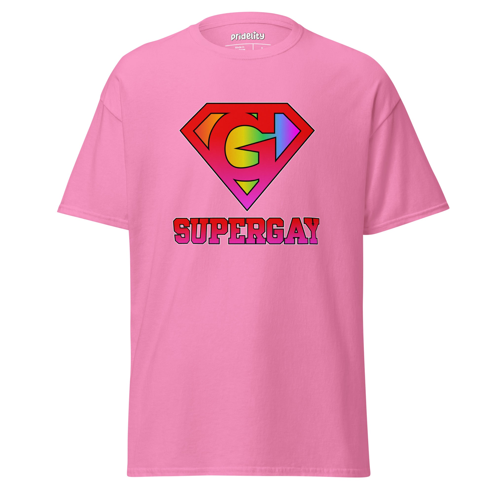 Pridelity's SuperGay T-Shirt in red showcases a rainbow-colored 