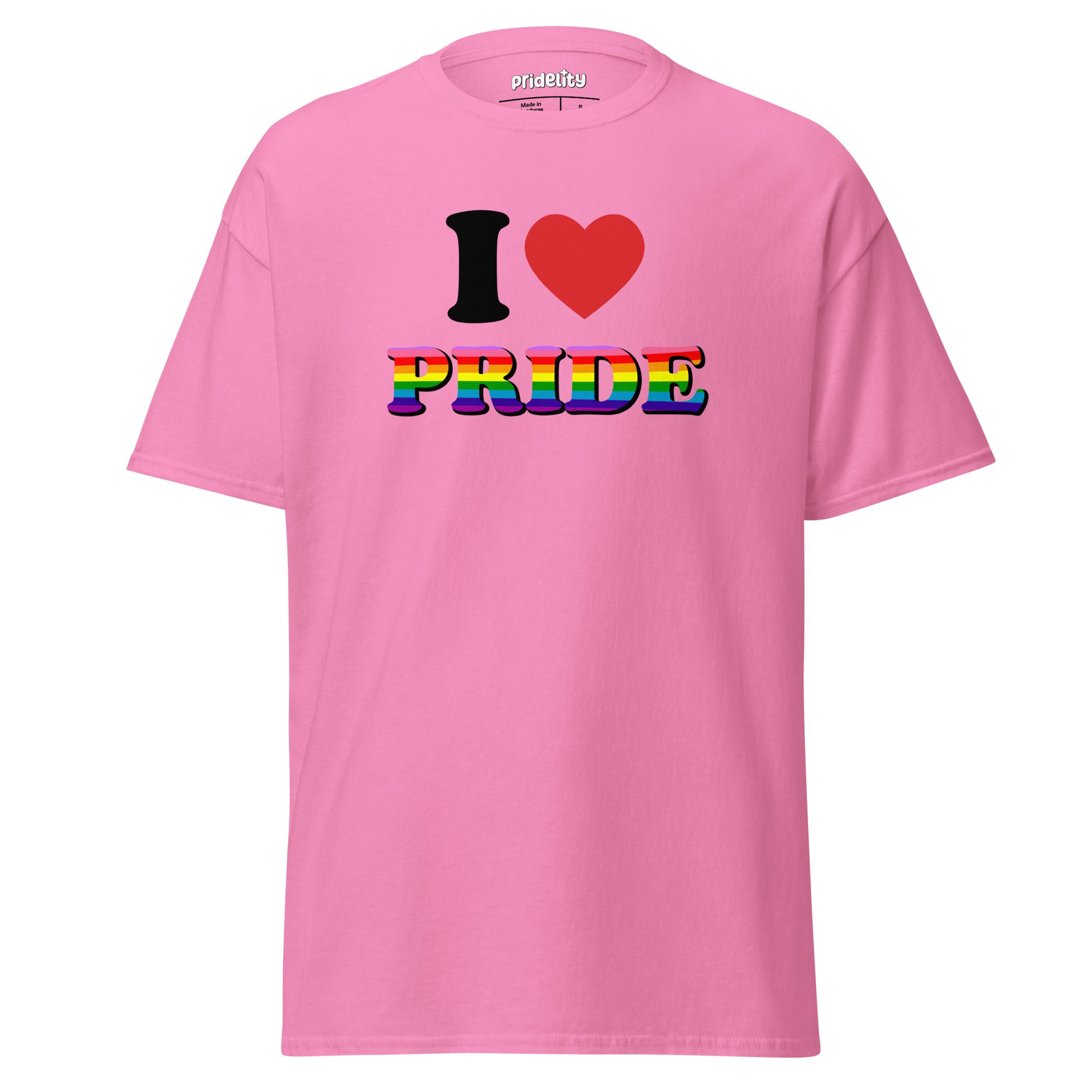 Introducing the I Love Pride T-Shirt from Pridelity: This white T-shirt showcases 