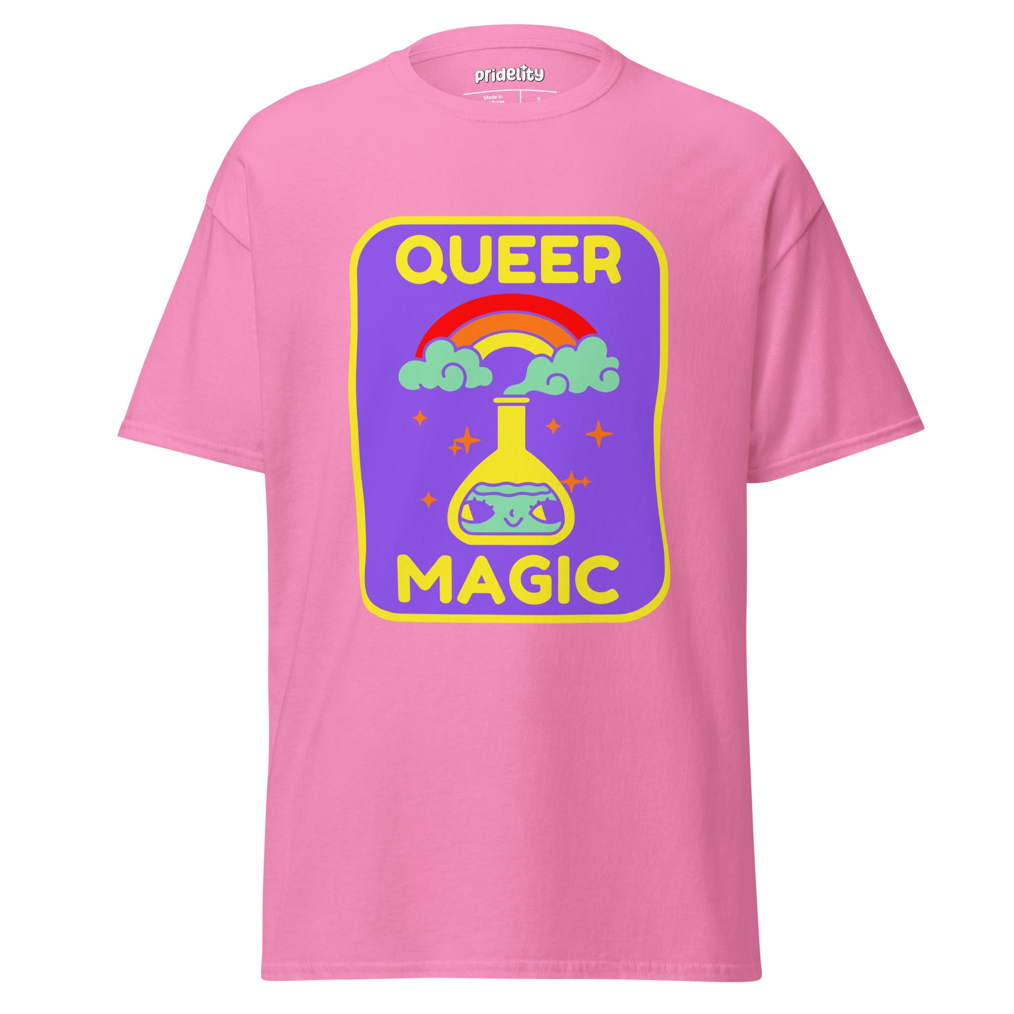 Celebrate diversity with the Queer Magic T-Shirt from Pridelity. This purple tee features a lively design of a potion flask, encircled by clouds, a rainbow, and stars, accompanied by the inspiring phrase 