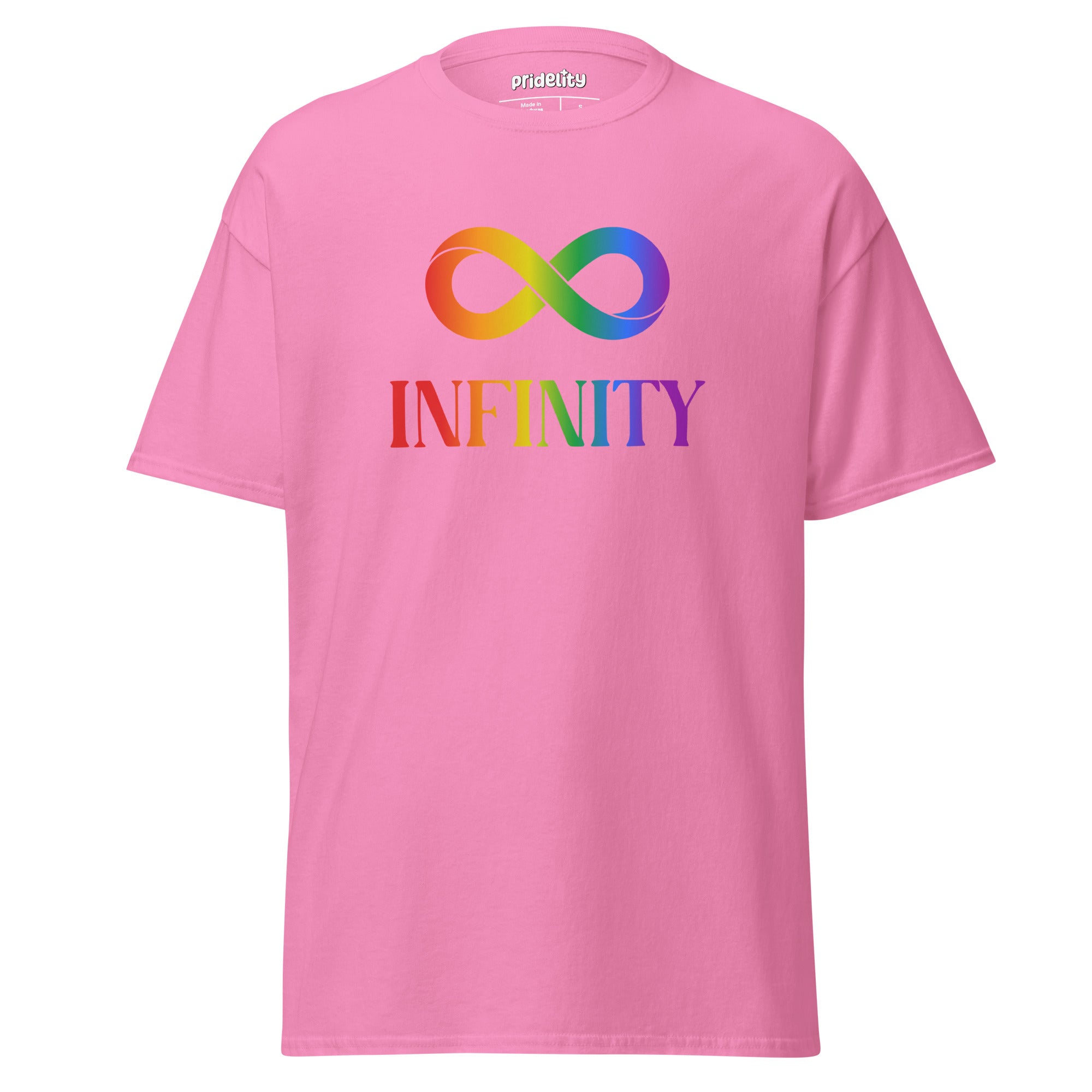 A Pridelity Infinity T-Shirt featuring a white design with a rainbow infinity symbol above the word 