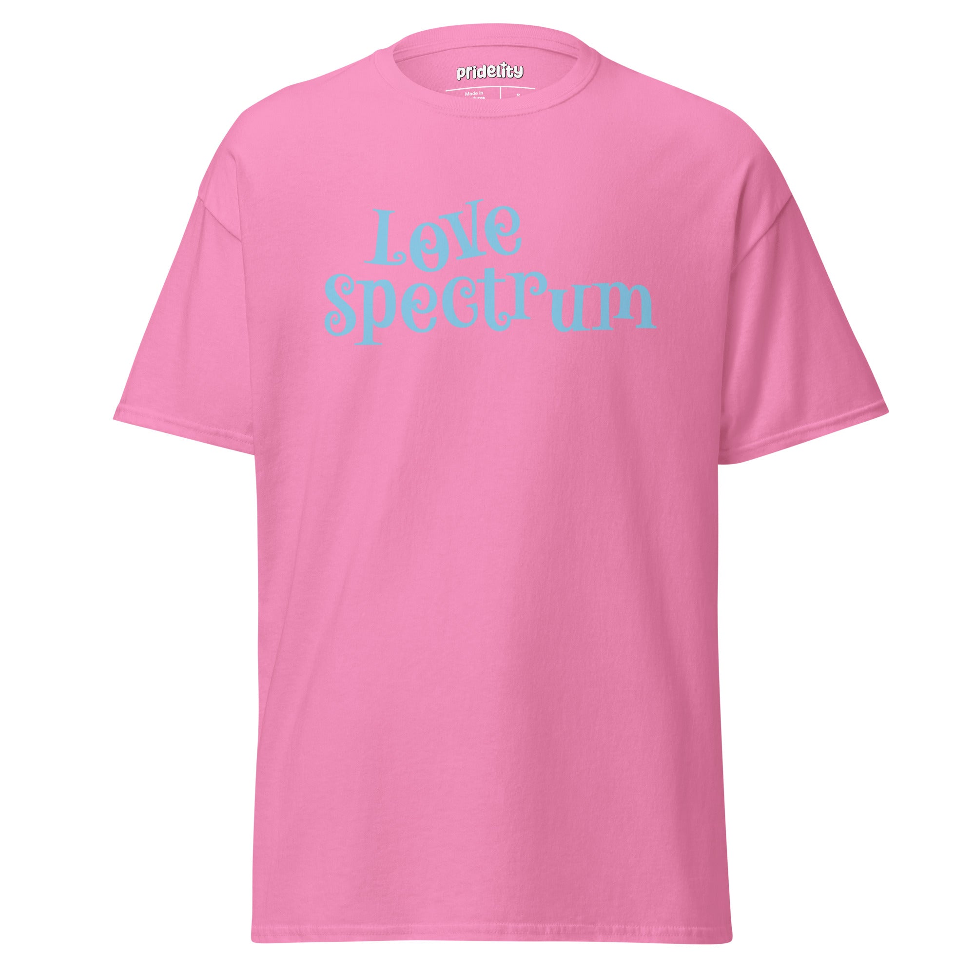 Introducing the Love Spectrum T-Shirt by Pridelity: This delightful white shirt features light blue text whimsically spelling out 