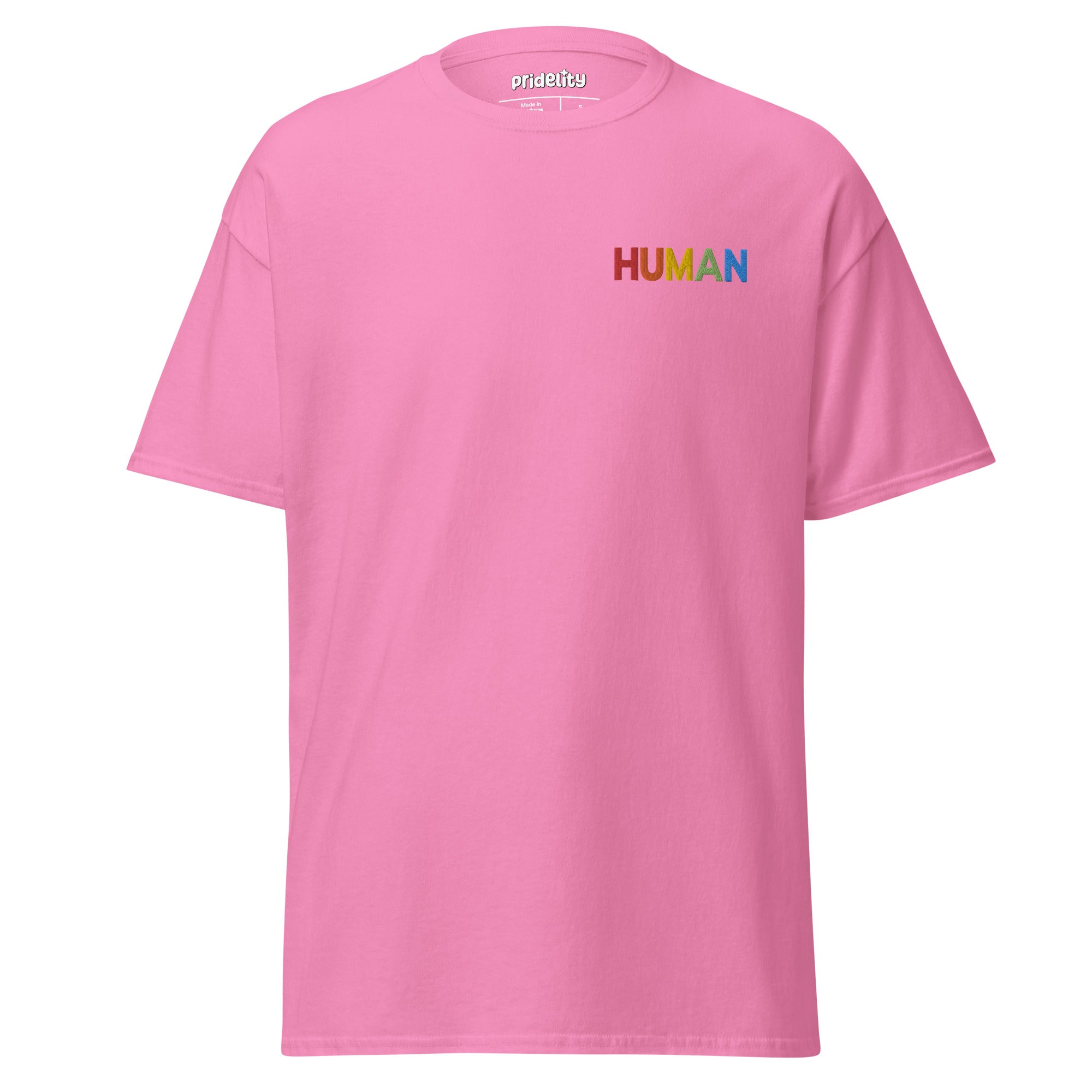 A natural-colored Pridelity Human T-Shirt, adorned with the word 