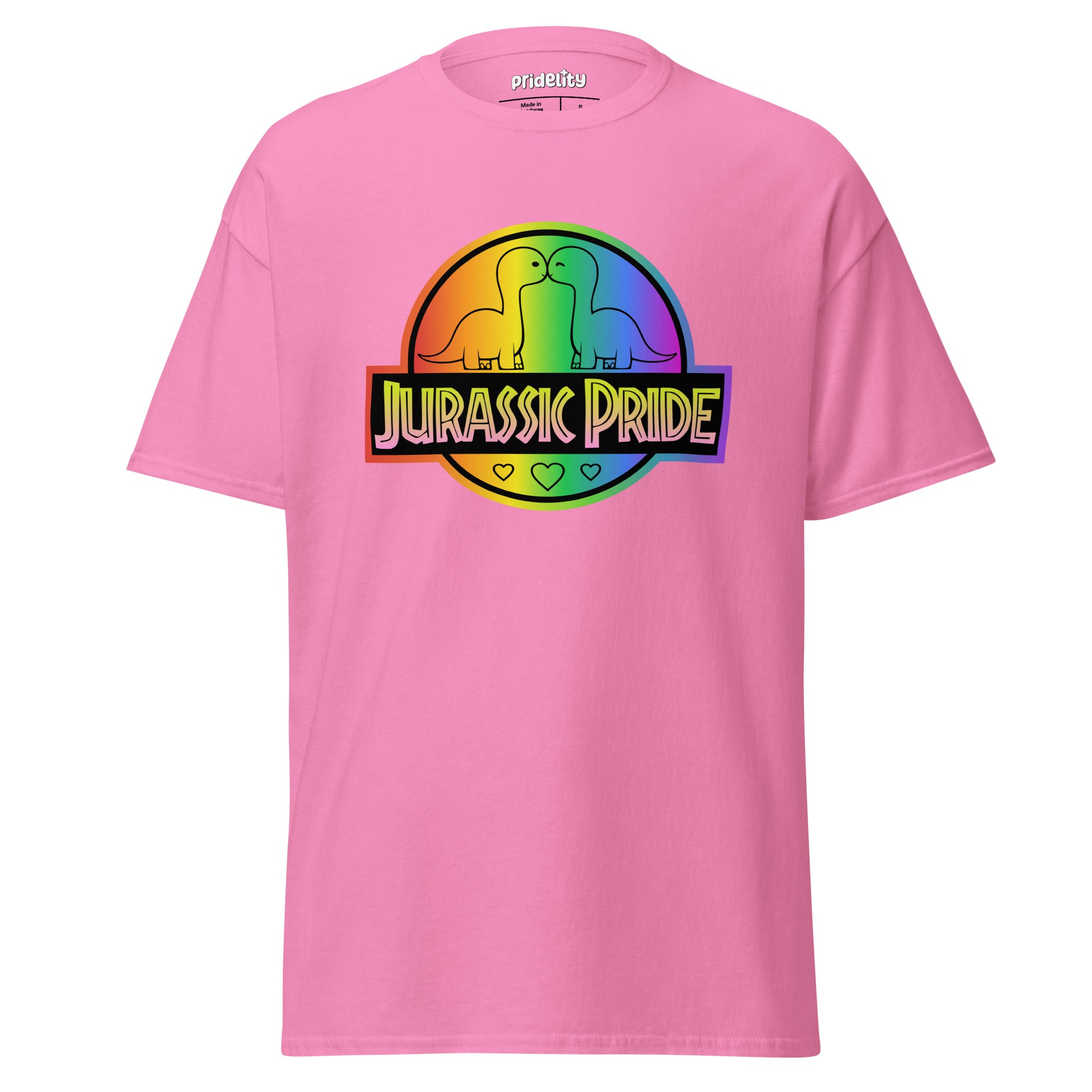 Introducing the Pridelity Jurassic Pride T-Shirt, a vibrant red shirt featuring a rainbow logo with two dinosaurs and the phrase 