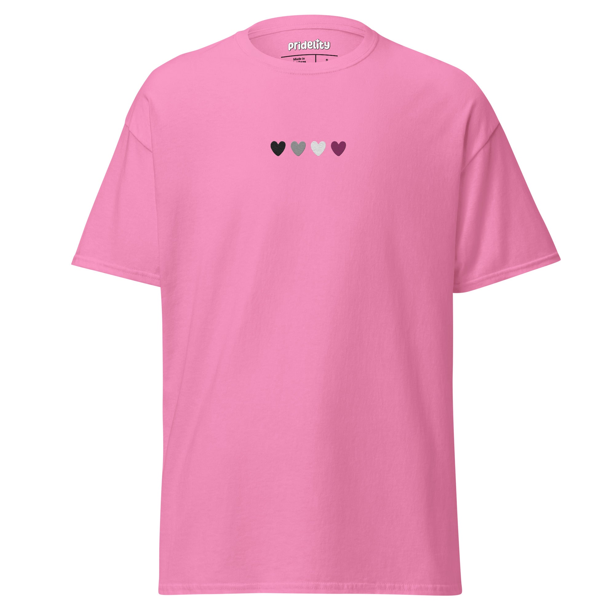 The Asexual Love T-Shirt by Pridelity is a maroon t-shirt adorned with five small hearts across the chest in shades of green, gray, and purple. It is perfect for any Pride Collection, with 