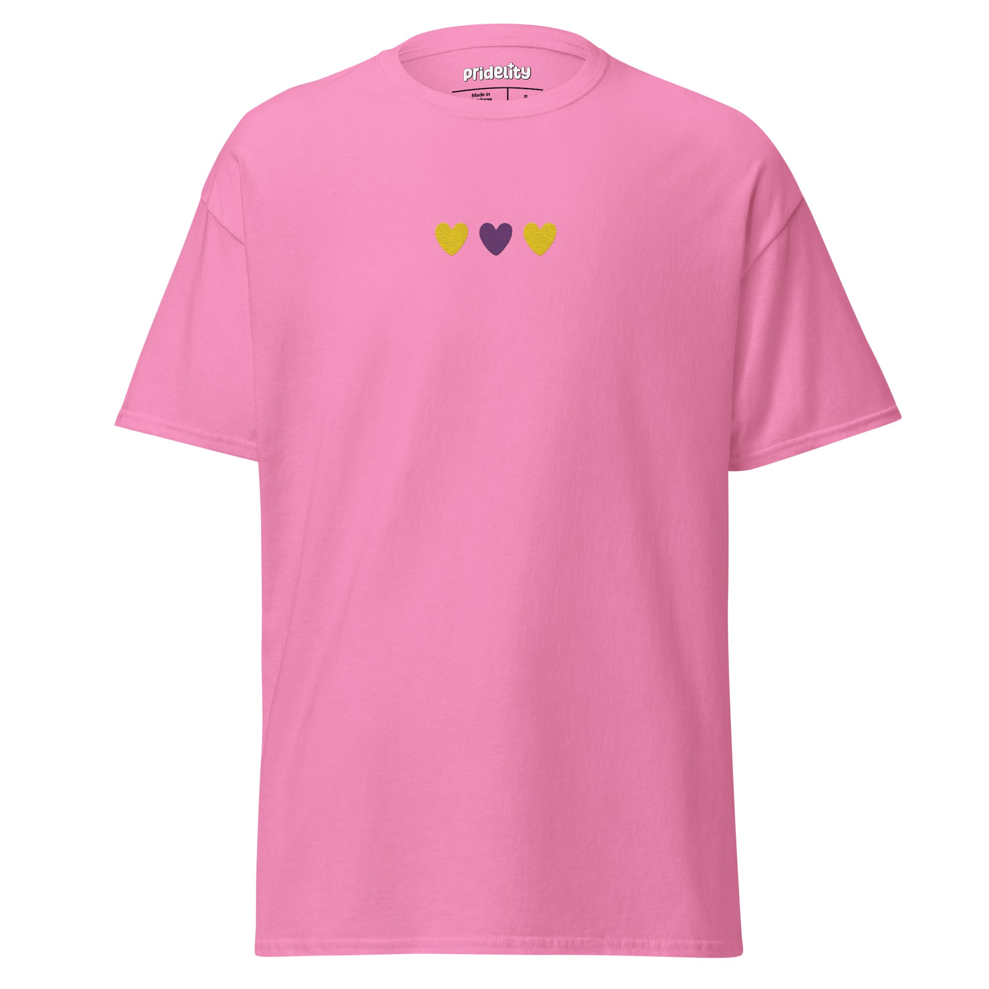 Introducing the Intersex Love T-Shirt by Pridelity, featuring three gracefully aligned small hearts in yellow, purple, and black across the chest.