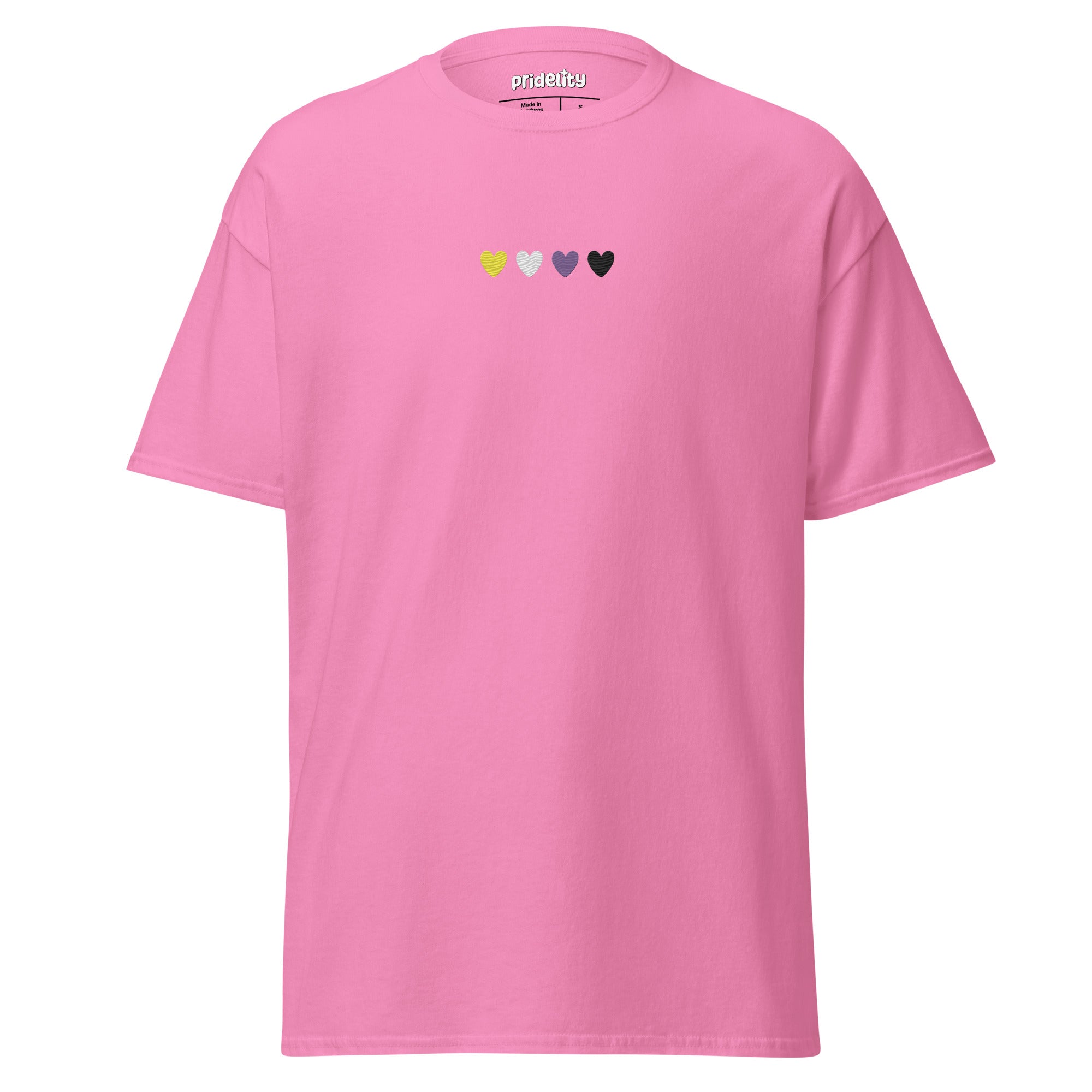 Introducing the Nonbinary Love T-Shirt by Pridelity, a stylish Azalea shirt adorned with a small row of four hearts on the chest. The hearts come in yellow, light pink, dark pink, and black hues to symbolize inclusivity.