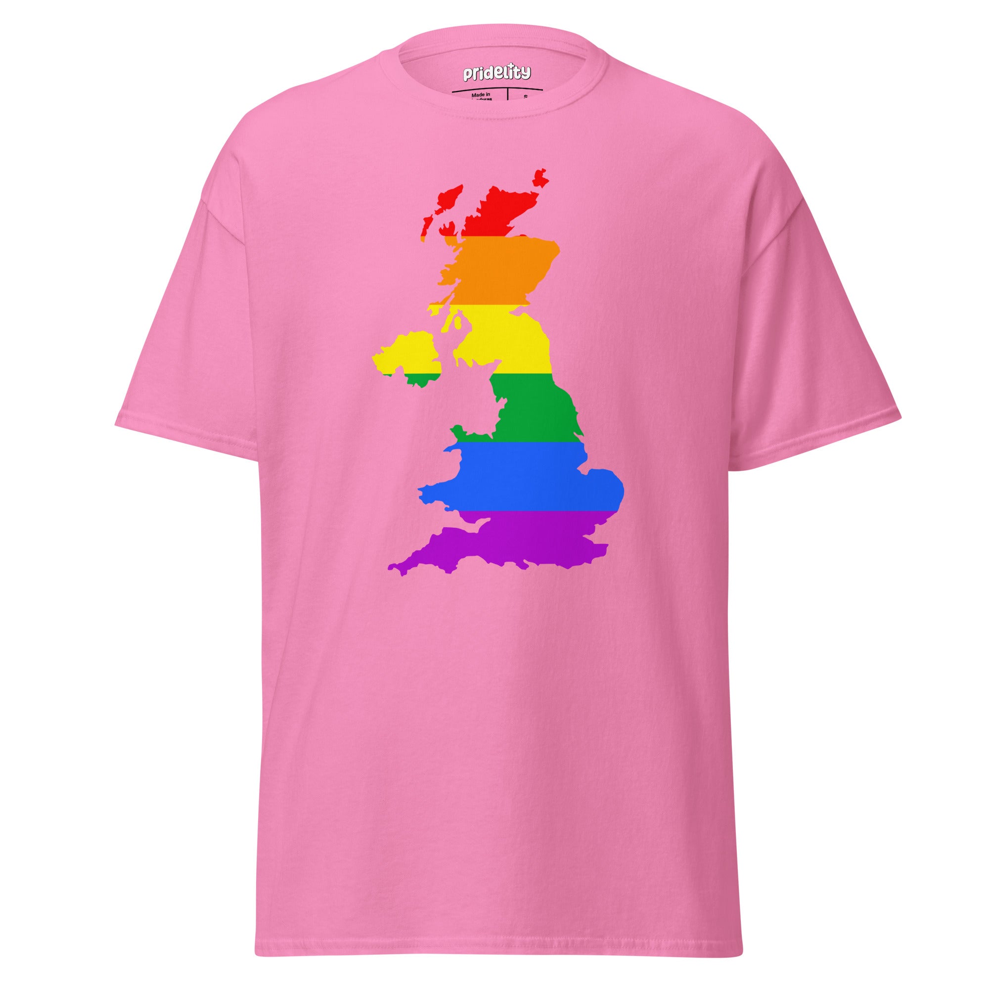 Introducing the British Isles Pride T-Shirt by Pridelity, a standout piece in our Pride Collections. This white t-shirt features a vibrant rainbow map of the United Kingdom, symbolizing LGBTQ+ pride.