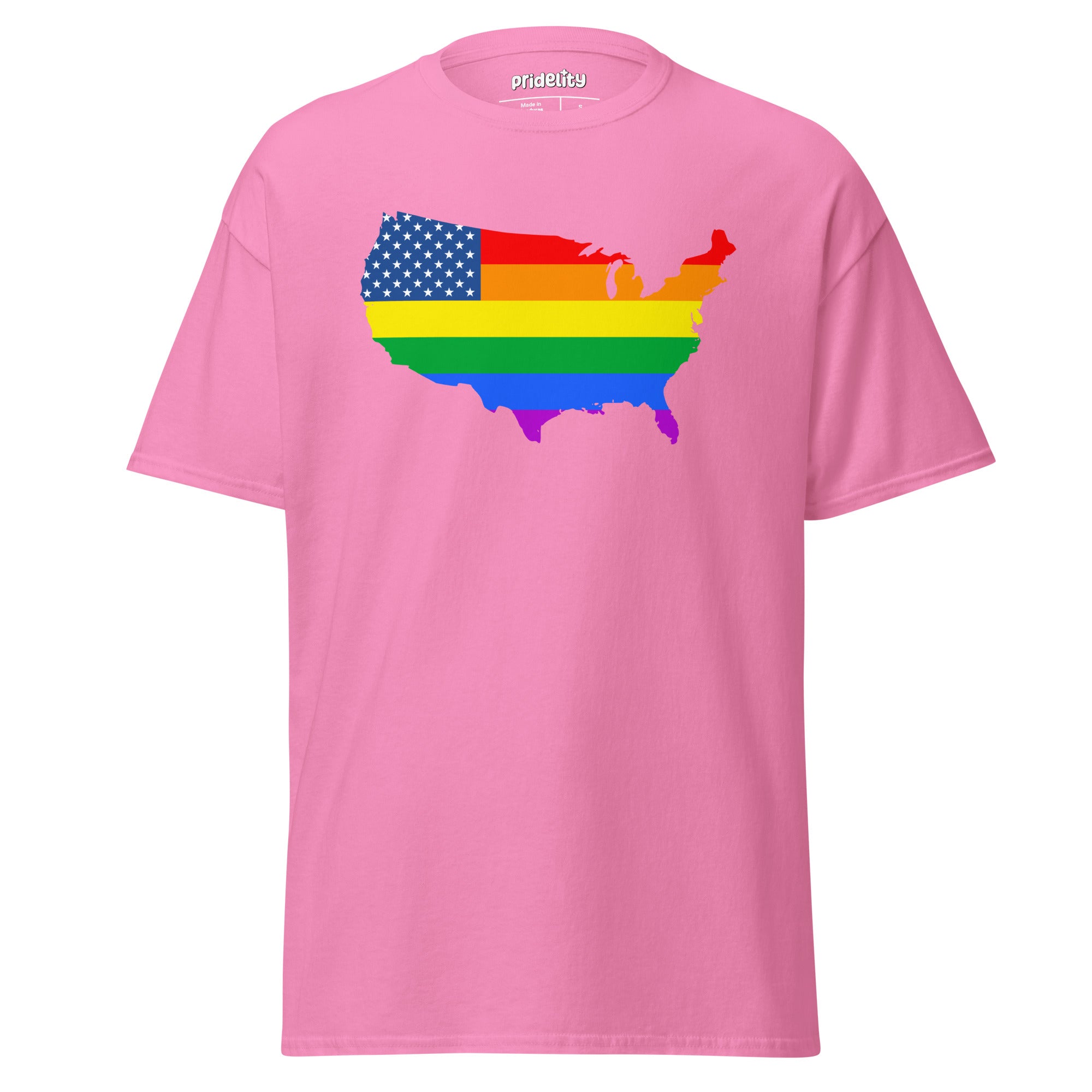 The US Map Pride T-Shirt by Pridelity features a graphic of the United States map, skillfully combining the American flag with vibrant rainbow colors to represent unity and diversity. This T-shirt comes in white.