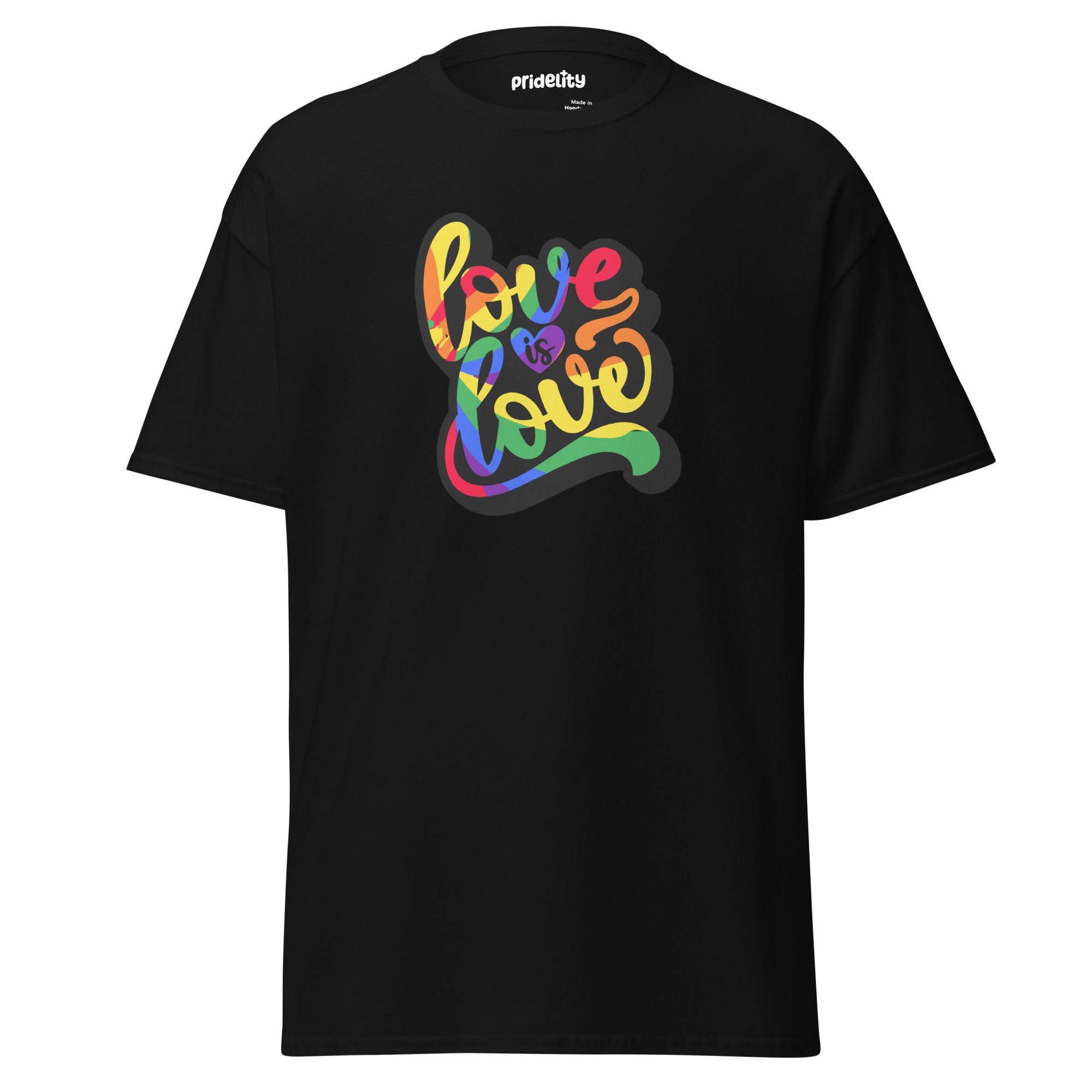 The Love Is Love T-Shirt by Pridelity is a royal blue shirt adorned with the vibrant, multicolored phrase 