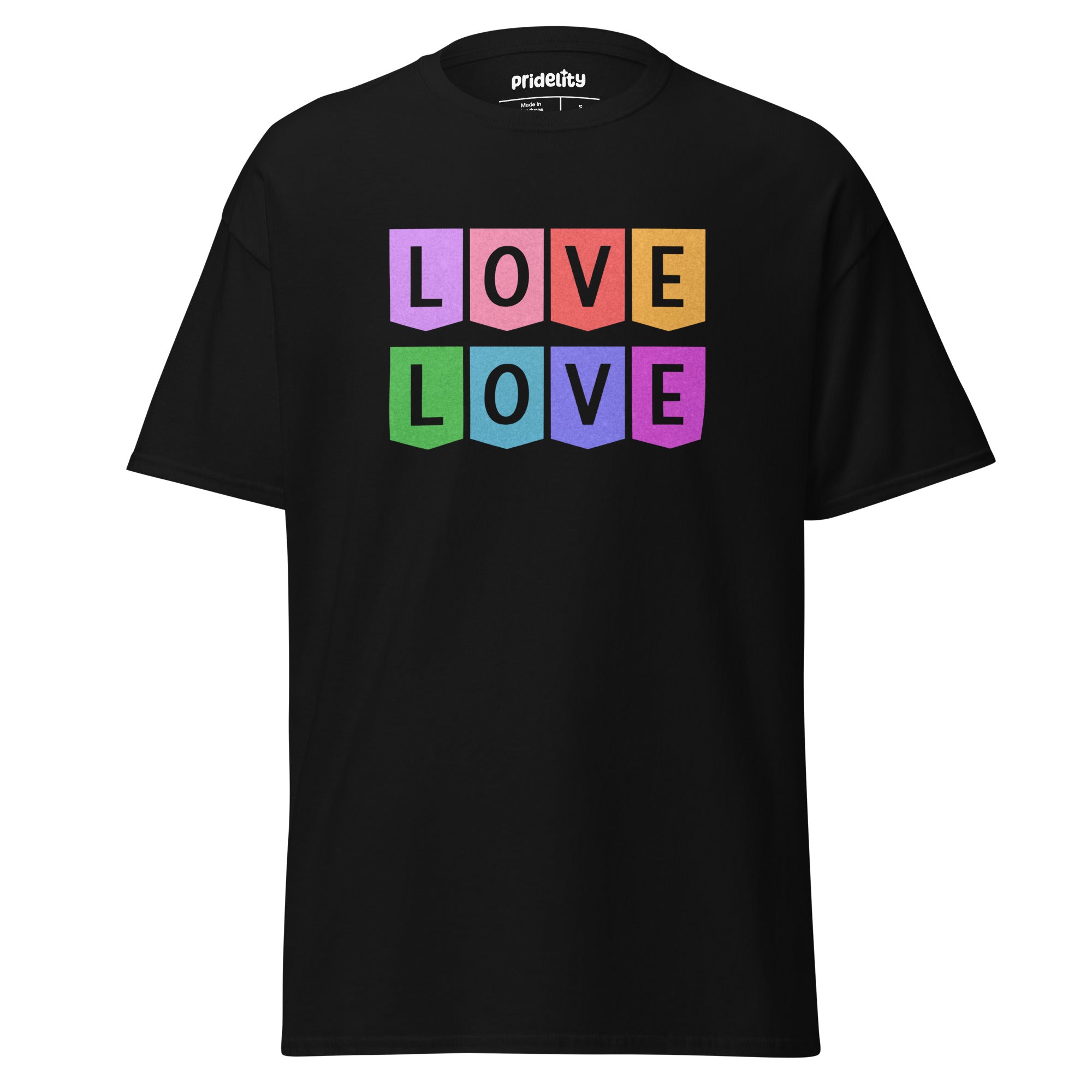 Introducing the Love Love T-Shirt by Pridelity: a striking black pride shirt adorned with 