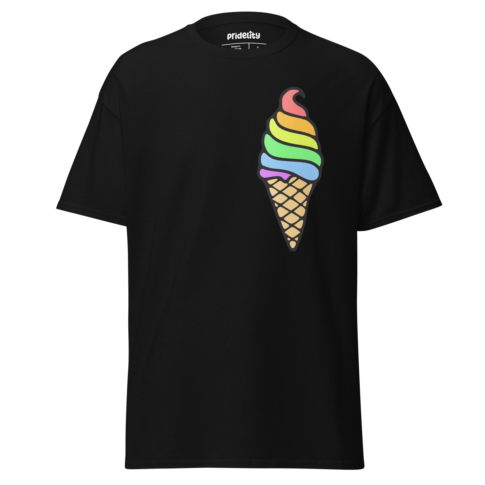 A Pride Ice Cream T-Shirt from Pridelity, featuring a gold base adorned with a vibrant ice cream cone design on the front. The ice cream swirls in rainbow colors, celebrating diversity, while the cone displays a traditional waffle pattern.