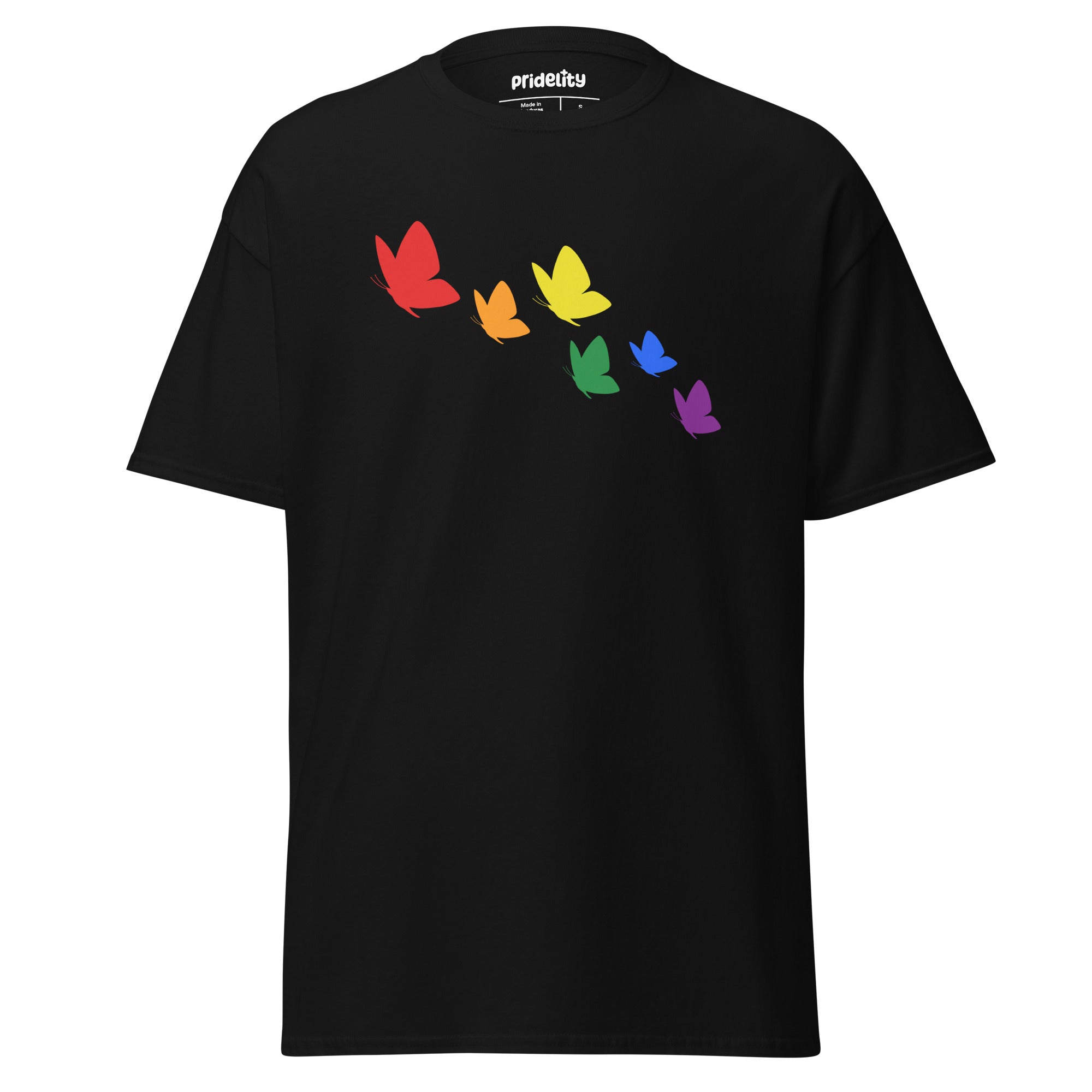 The Rainbow Butterflies T-Shirt from Pridelity features a vibrant design on a black tee, displaying six butterflies arranged in a diagonal pattern, each showcasing one of the rainbow colors—red, orange, yellow, green, blue, and purple.