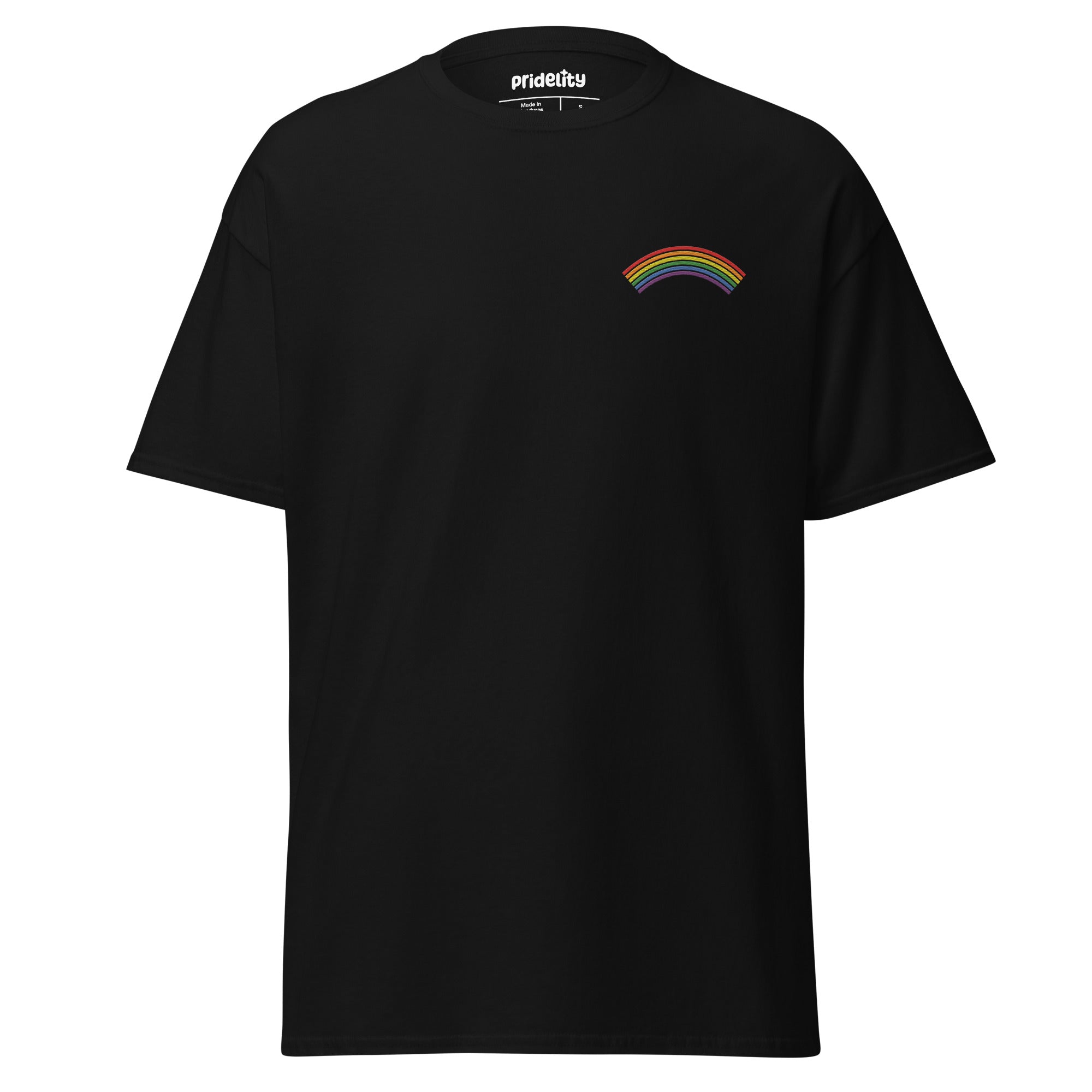 A Pridelity Rainbow T-Shirt in black, showcasing a small rainbow graphic of traditional horizontal stripes on the left side of the chest.