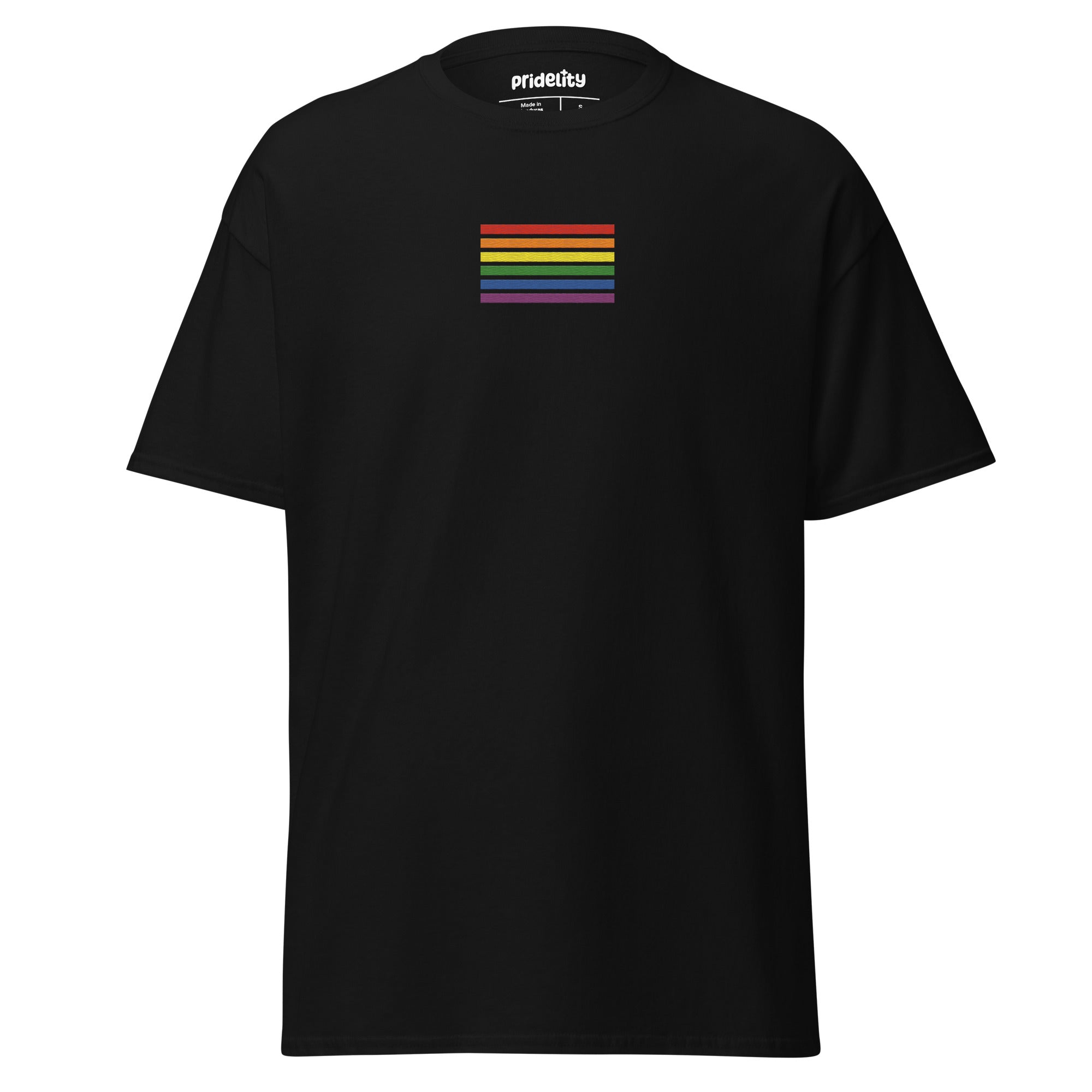 The Rainbow Stripes T-Shirt from Pridelity is black with a small rainbow stripe pattern on the chest, featuring horizontal stripes in red, orange, yellow, green, blue, and purple. The brand name 