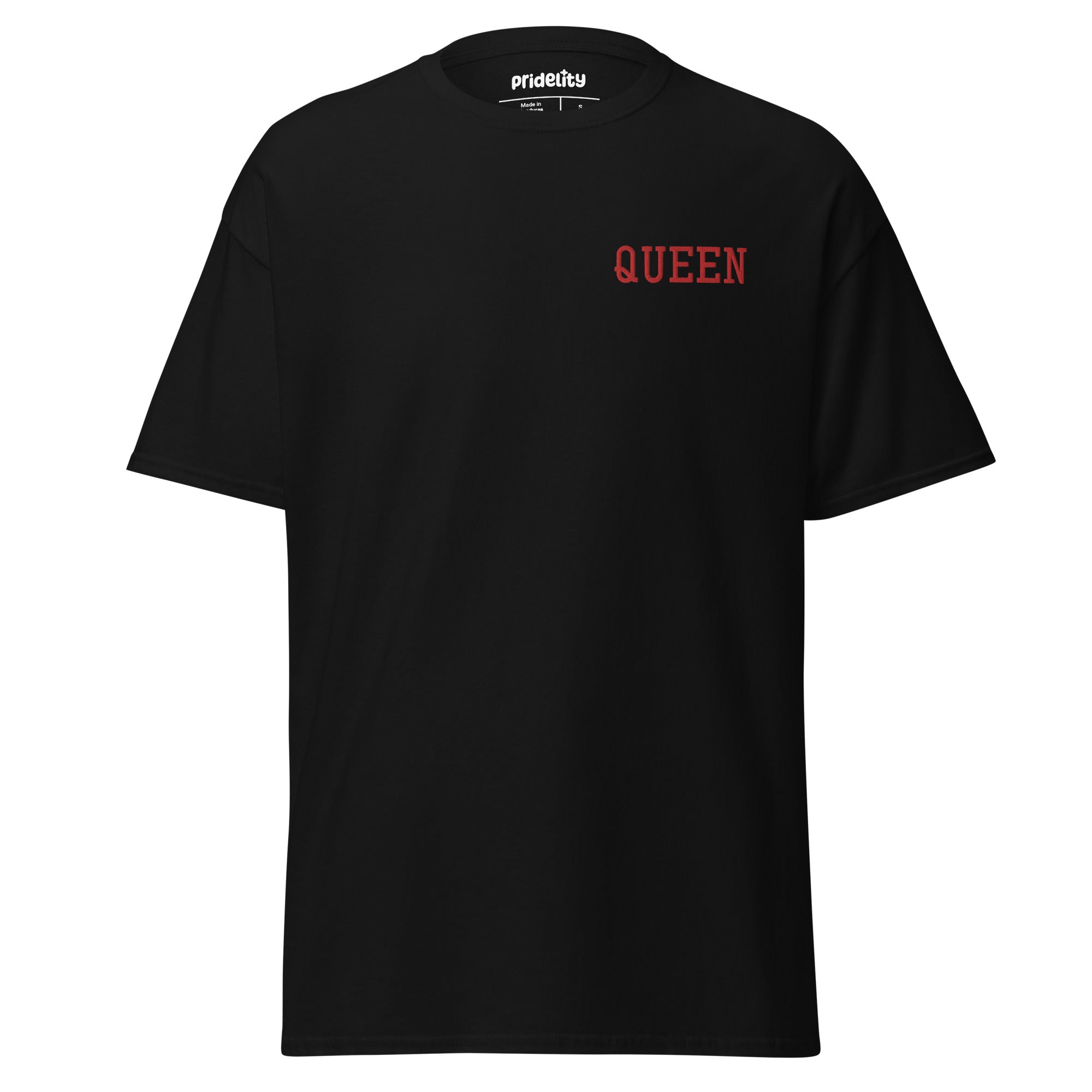 The Pridelity Queen T-Shirt adds a vibrant flair to its simple white design with the word 