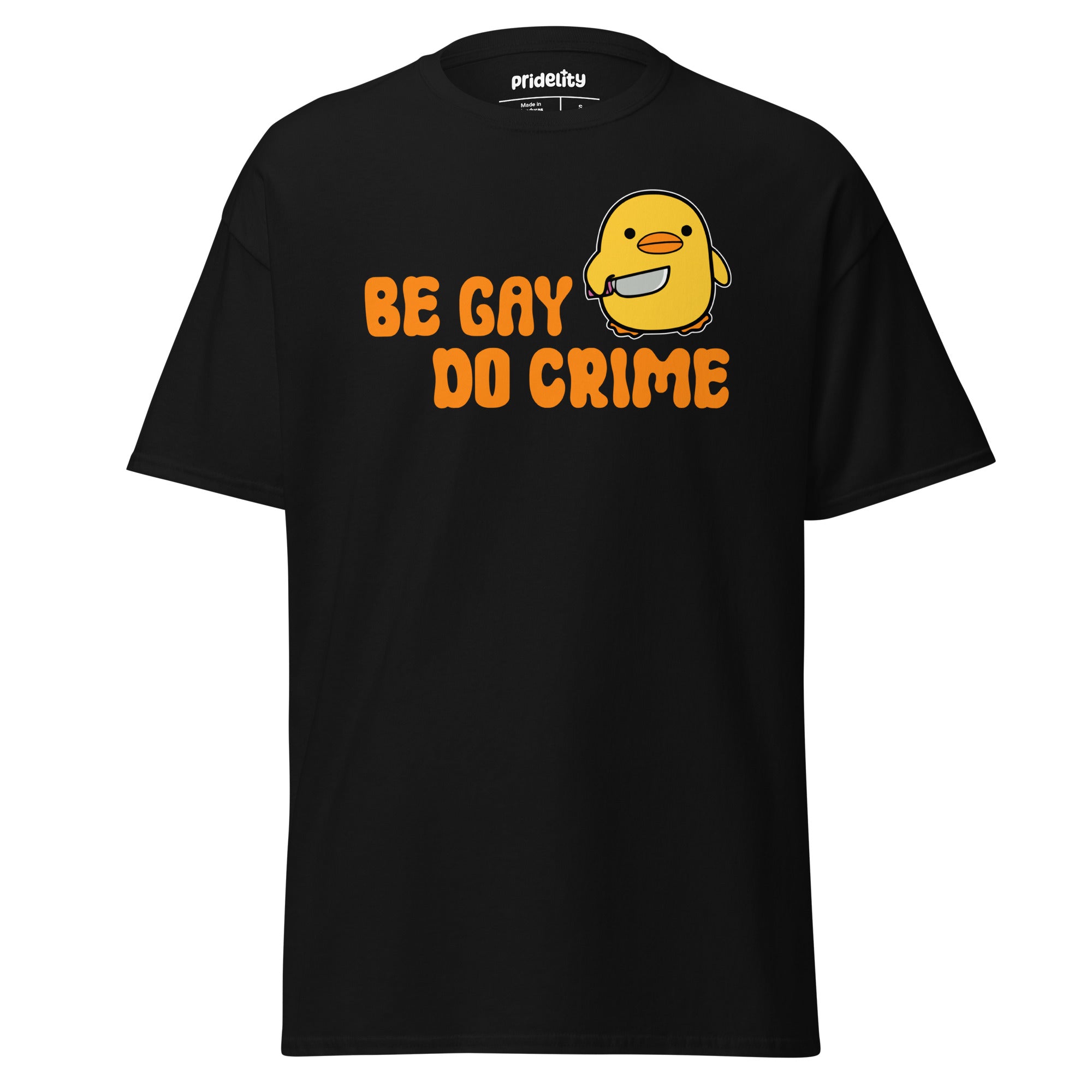 The Be Gay Do Crime T-Shirt features a cartoon chick holding a knife, set against a yellow background with bold orange text reading 