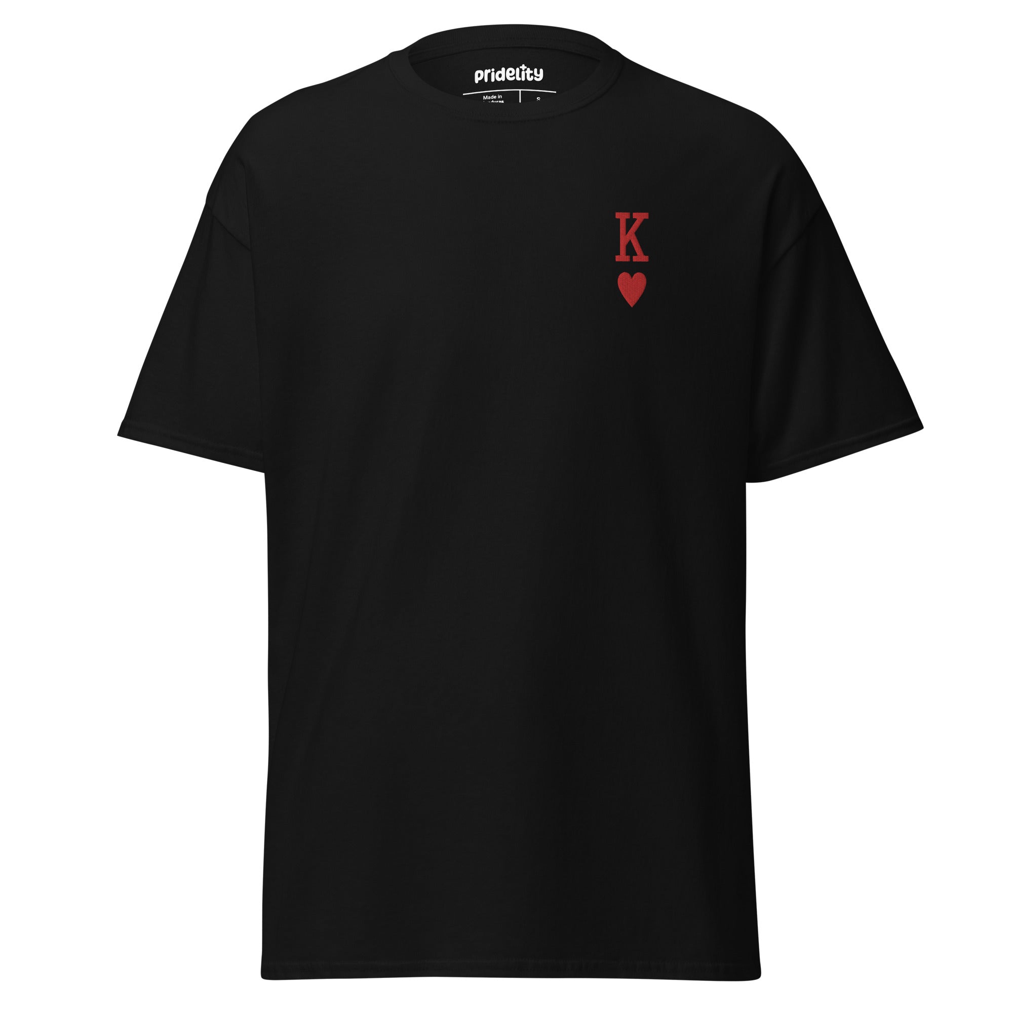 A white King of Hearts T-Shirt by Pridelity, featuring a small red letter 