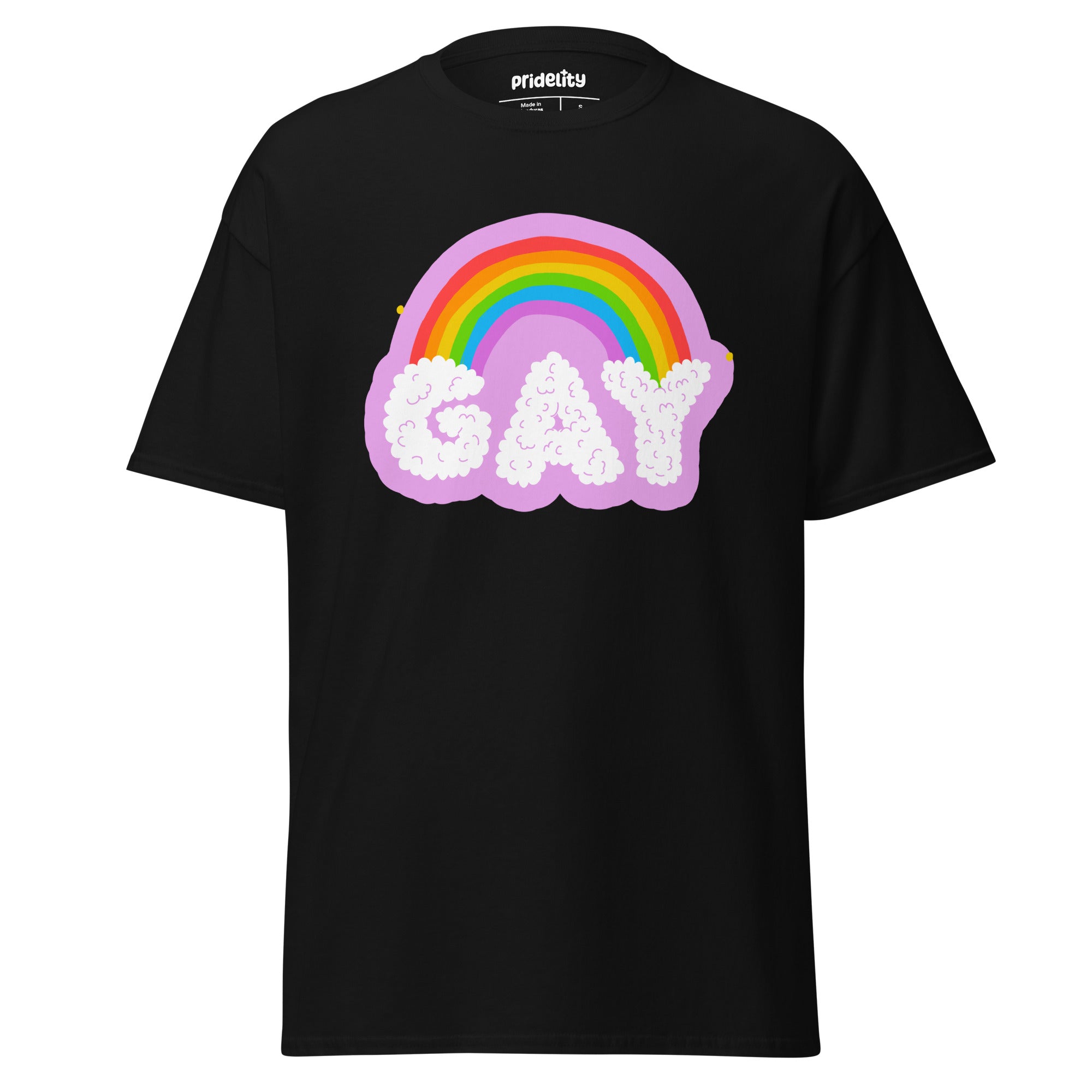 Introducing the Cloudy T-Shirt from Pridelity's vibrant Pride Collections. This white tee features a lively rainbow arched above the word 