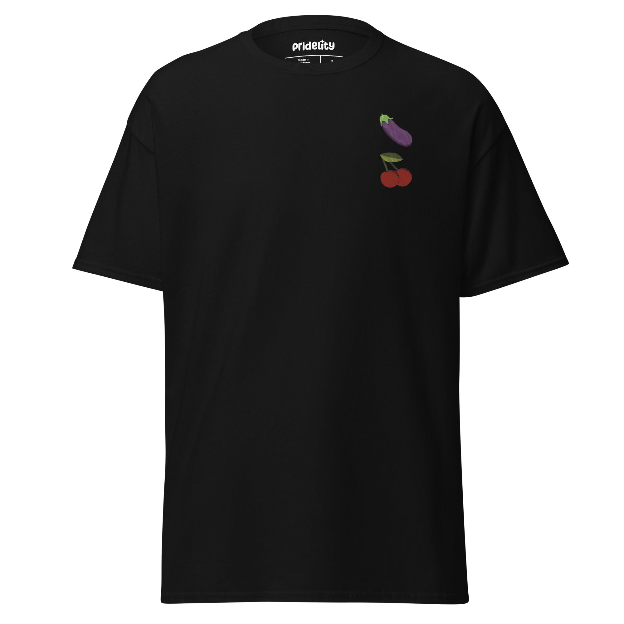 The Yummi Emojis T-Shirt by Pridelity in Azalea features two small embroidered designs, an eggplant and a pair of cherries, located on the upper left side of the chest.