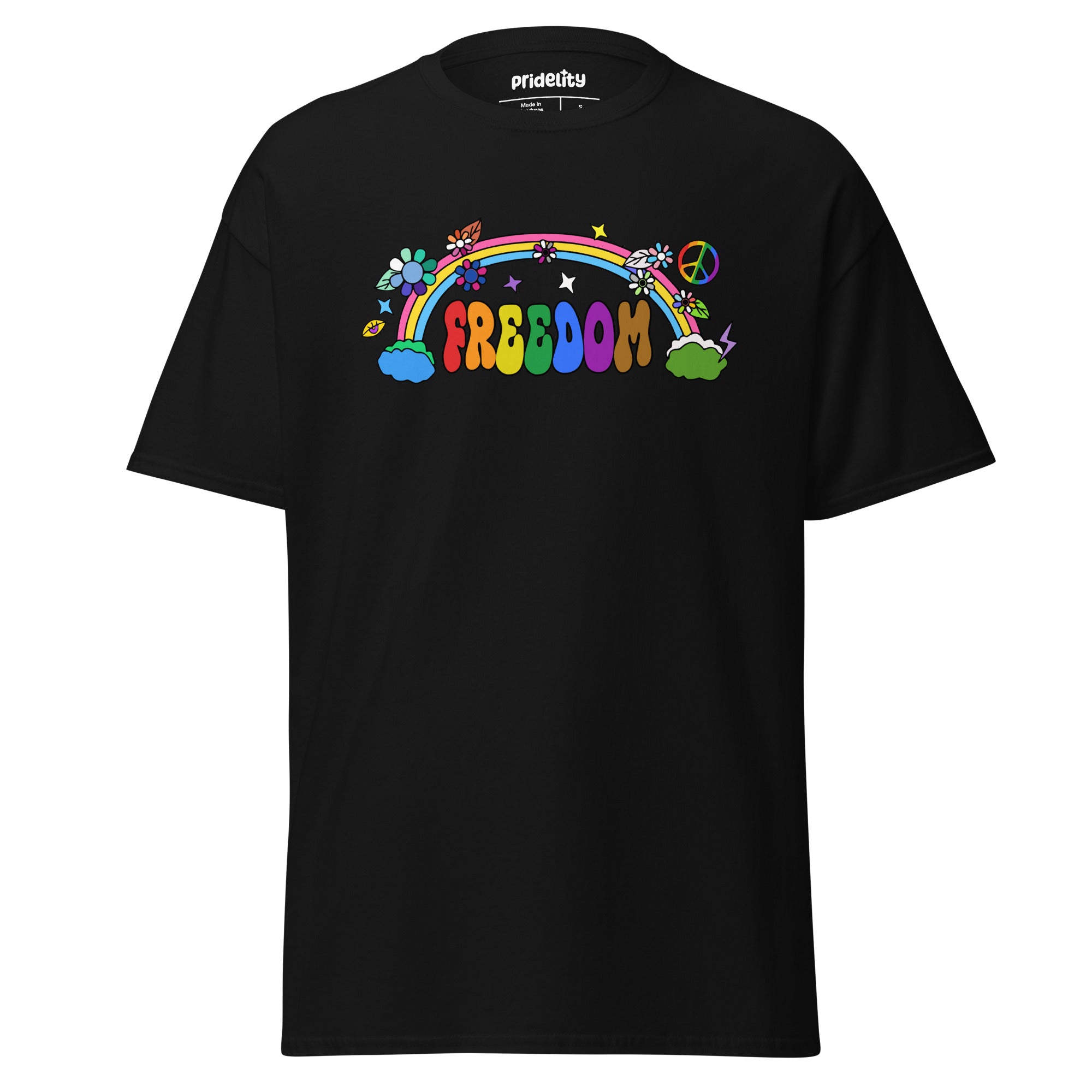 The Freedom T-Shirt by Pridelity features a colorful, cartoon-style design with 