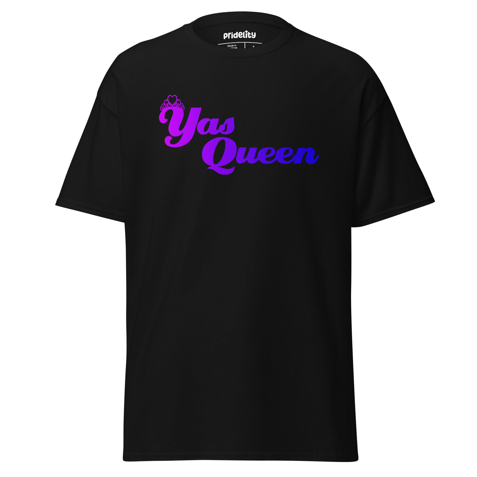 Introducing the Yas Queen T-Shirt by Pridelity, a black pride tee showcasing 