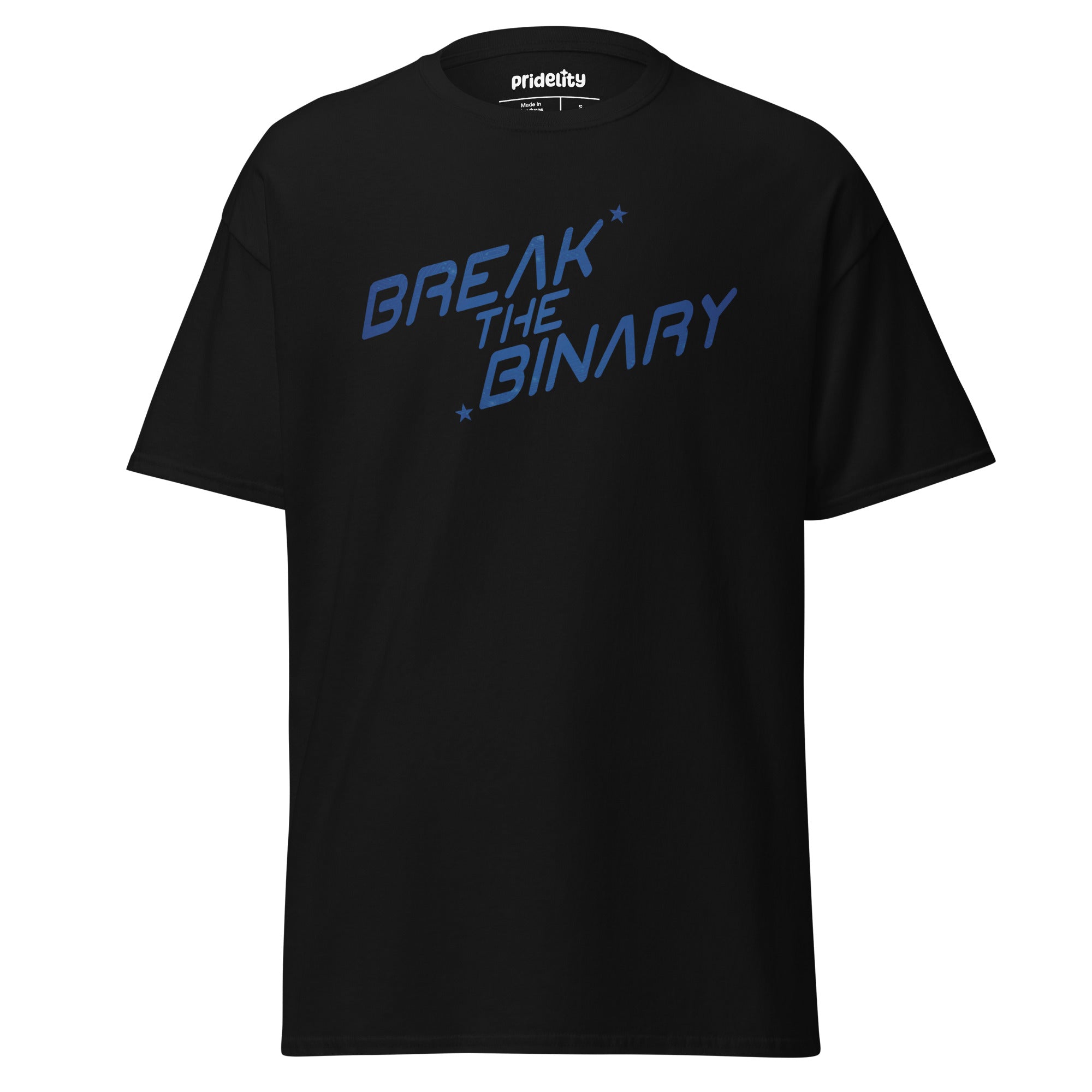 The Break The Binary T-Shirt by Pridelity, part of our Pride Collection, showcases the phrase 