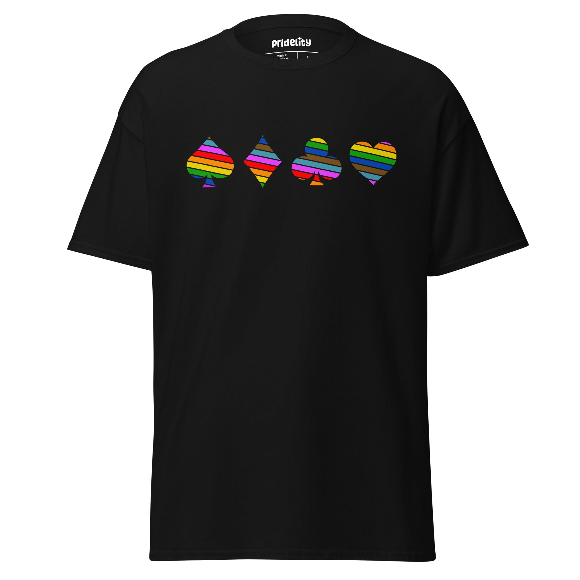 The Deck Of Hearts T-Shirt by Pridelity showcases a white fabric adorned with vibrant, sequential striped card suits—spade, diamond, club, and heart—across the chest, celebrating Pride with flair.