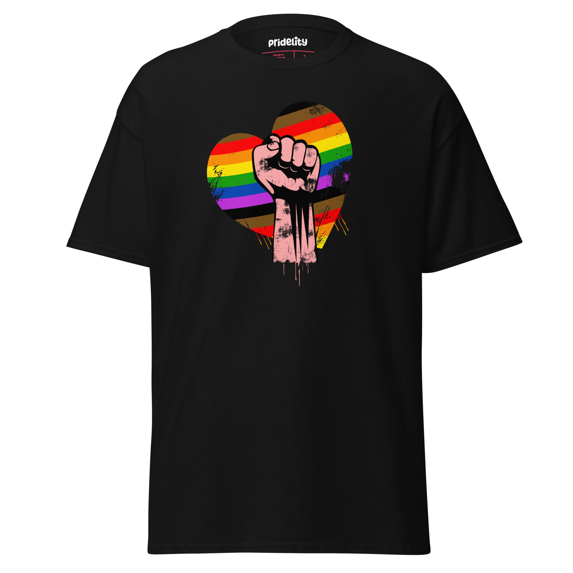 Introducing the Fist Up T-Shirt by Pridelity, a striking black pride shirt featuring a grungy, sketched-style graphic of a raised fist within a rainbow-striped heart. This unique design combines Black pride and LGBTQ+ pride, making it an essential piece of merchandise.