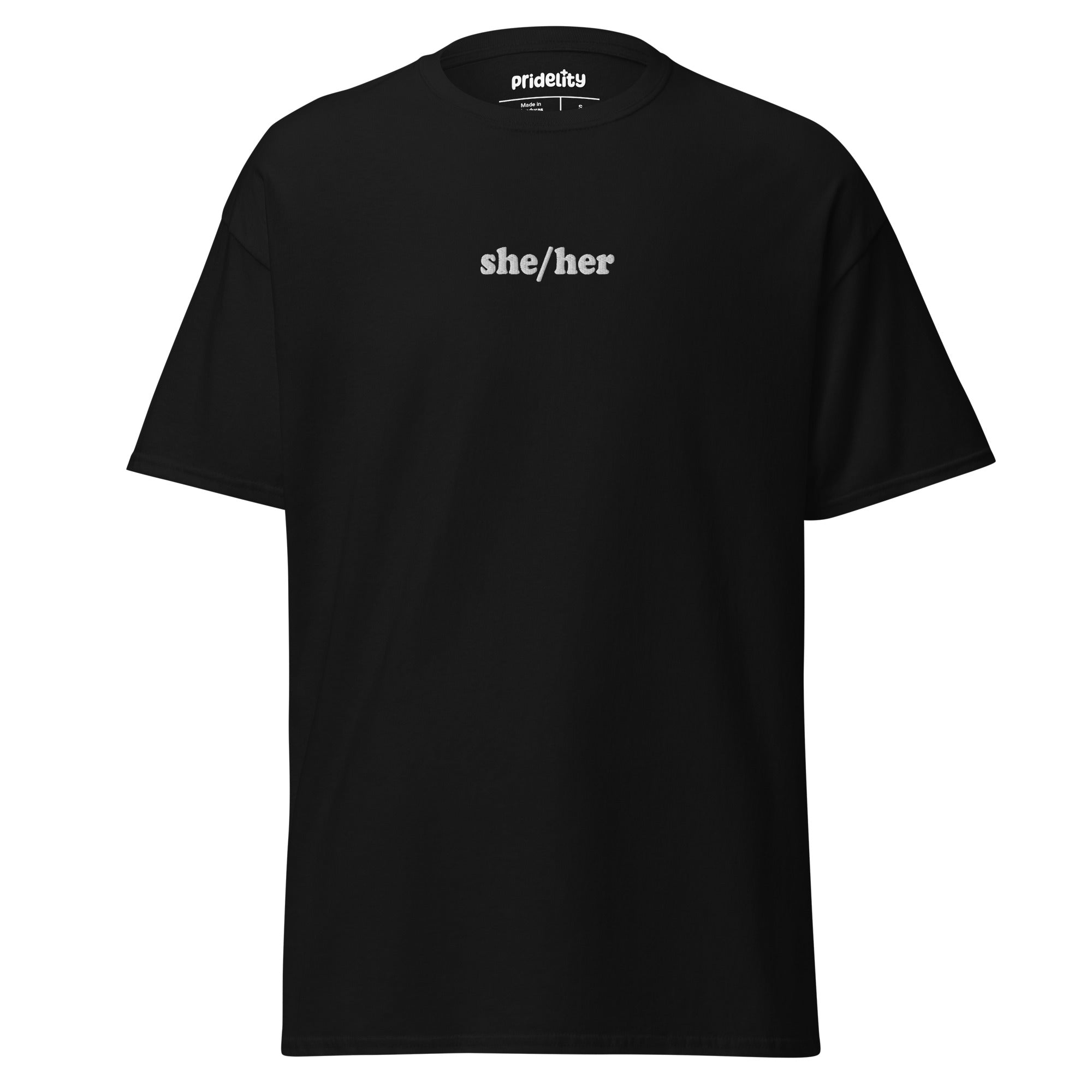 A black She/Her T-shirt by Pridelity showcases the words 