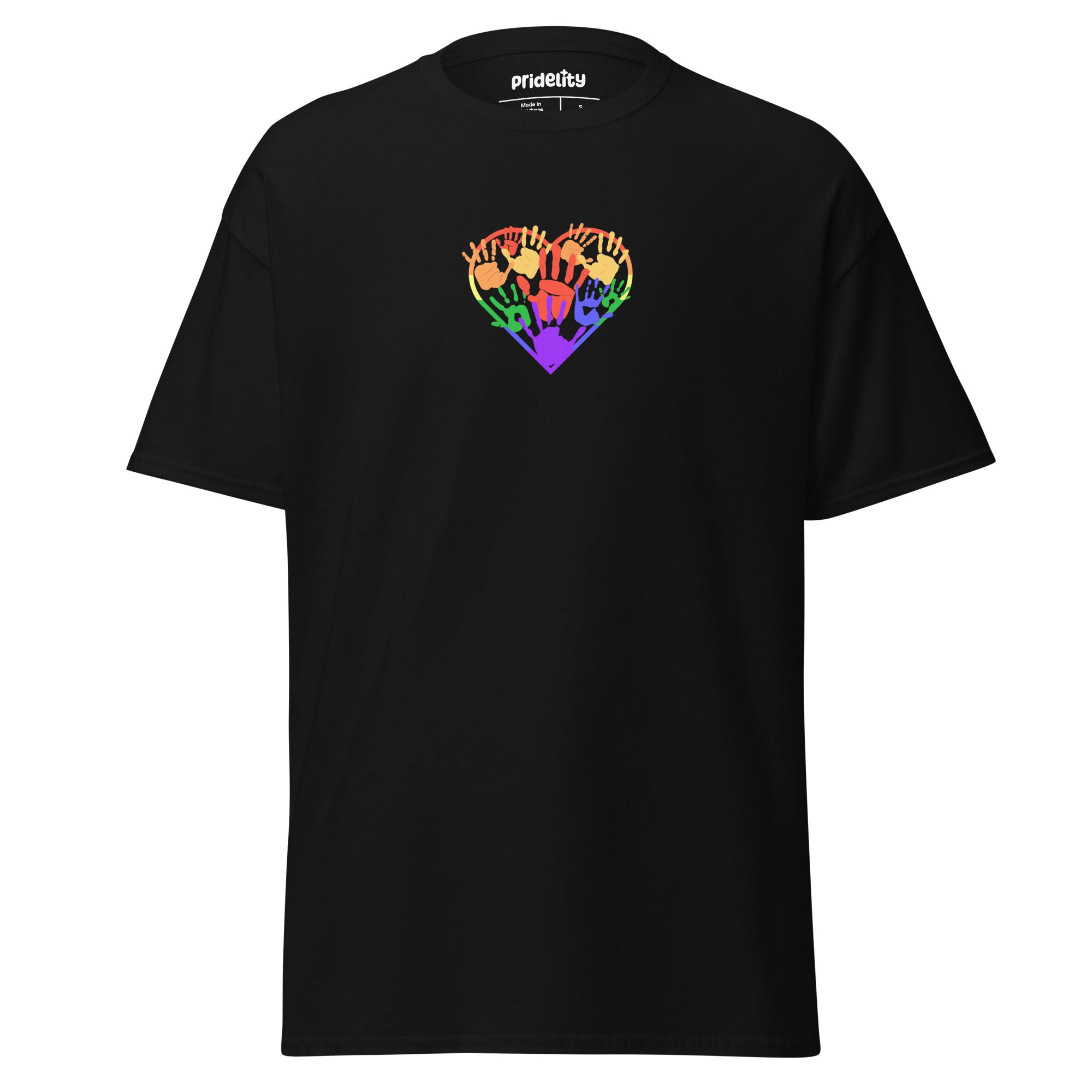 Introducing the Heartfelt Pride T-Shirt by Pridelity, a purple tee from our pride merch collection. It showcases a heart-shaped design of hands in diverse skin tones raised together in solidarity and rainbow colors, with 