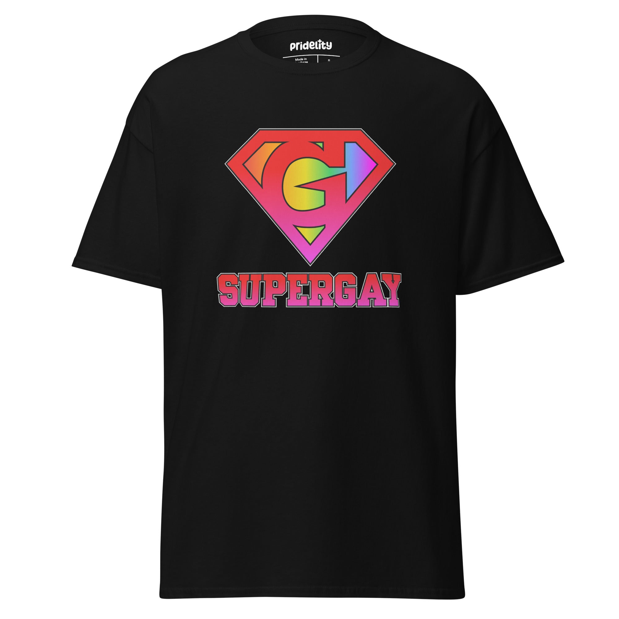 Pridelity's SuperGay T-Shirt in red showcases a rainbow-colored 