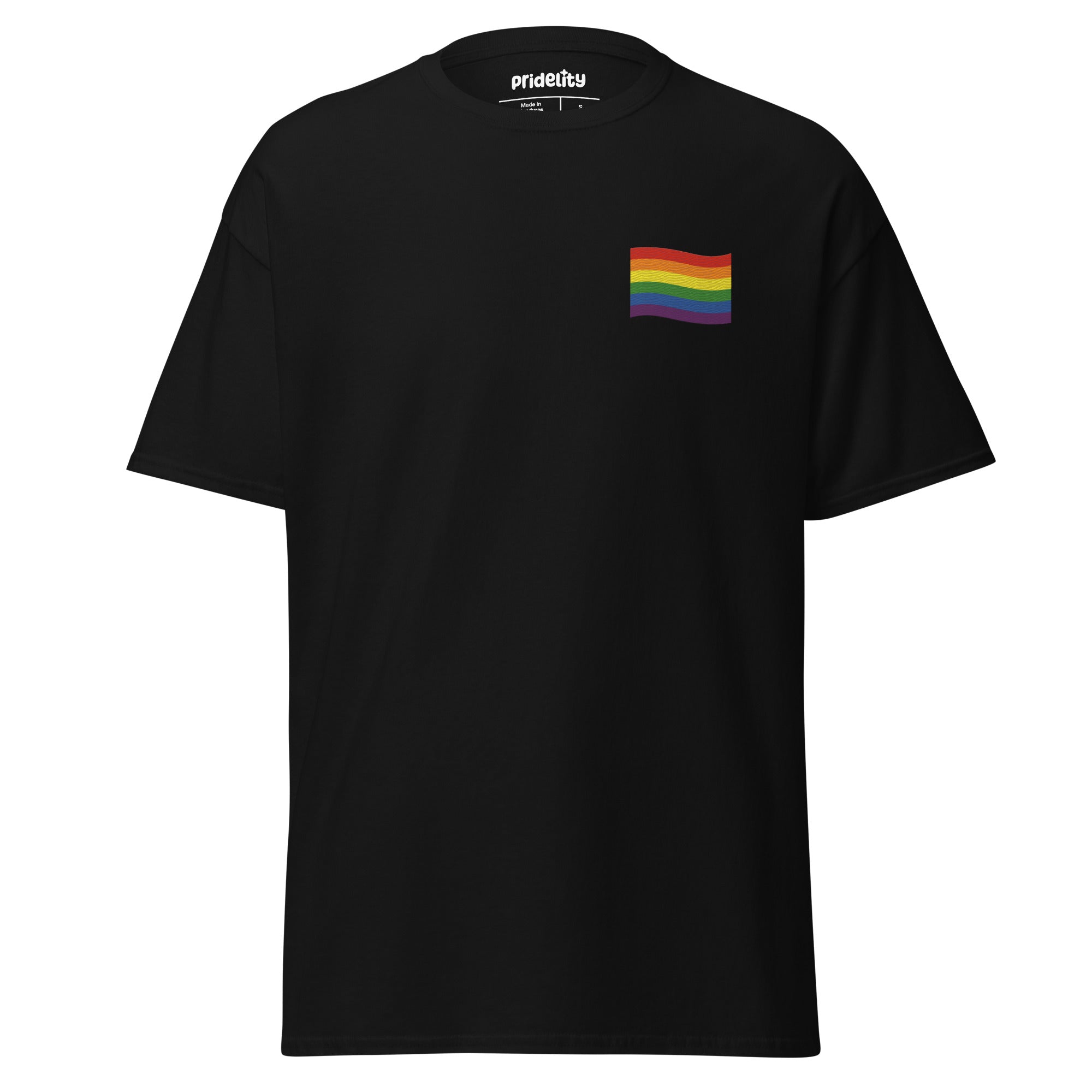 A Pride Flag T-Shirt by Pridelity in white showcases a small rainbow flag graphic on the upper left chest area, where the plain background accentuates the vibrant flag design.