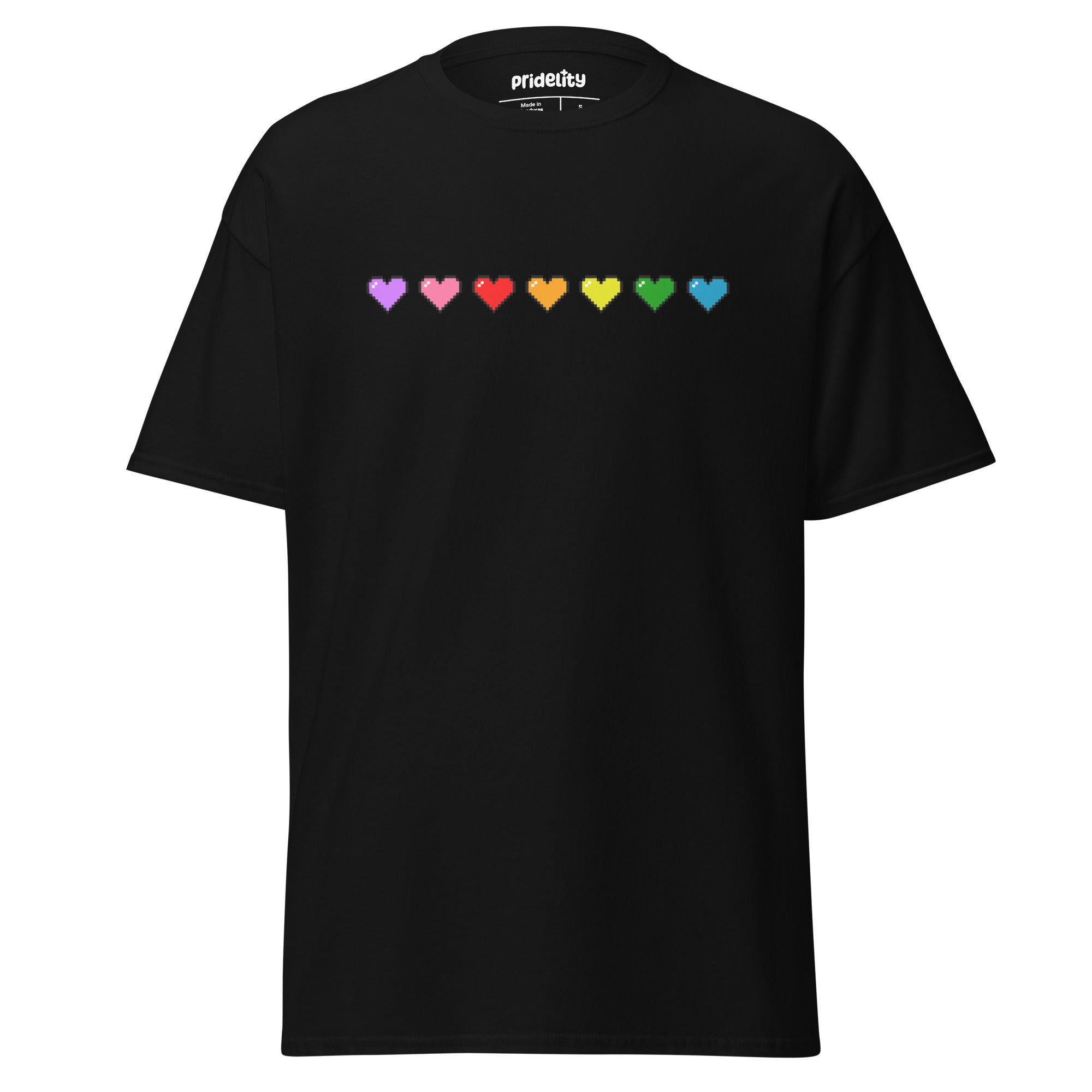 The Pixel Hearts T-Shirt by Pridelity features a pink pride design with seven small hearts in a vibrant horizontal row across the chest, each heart displaying a unique color: purple, red, orange, yellow, green, blue, and black.