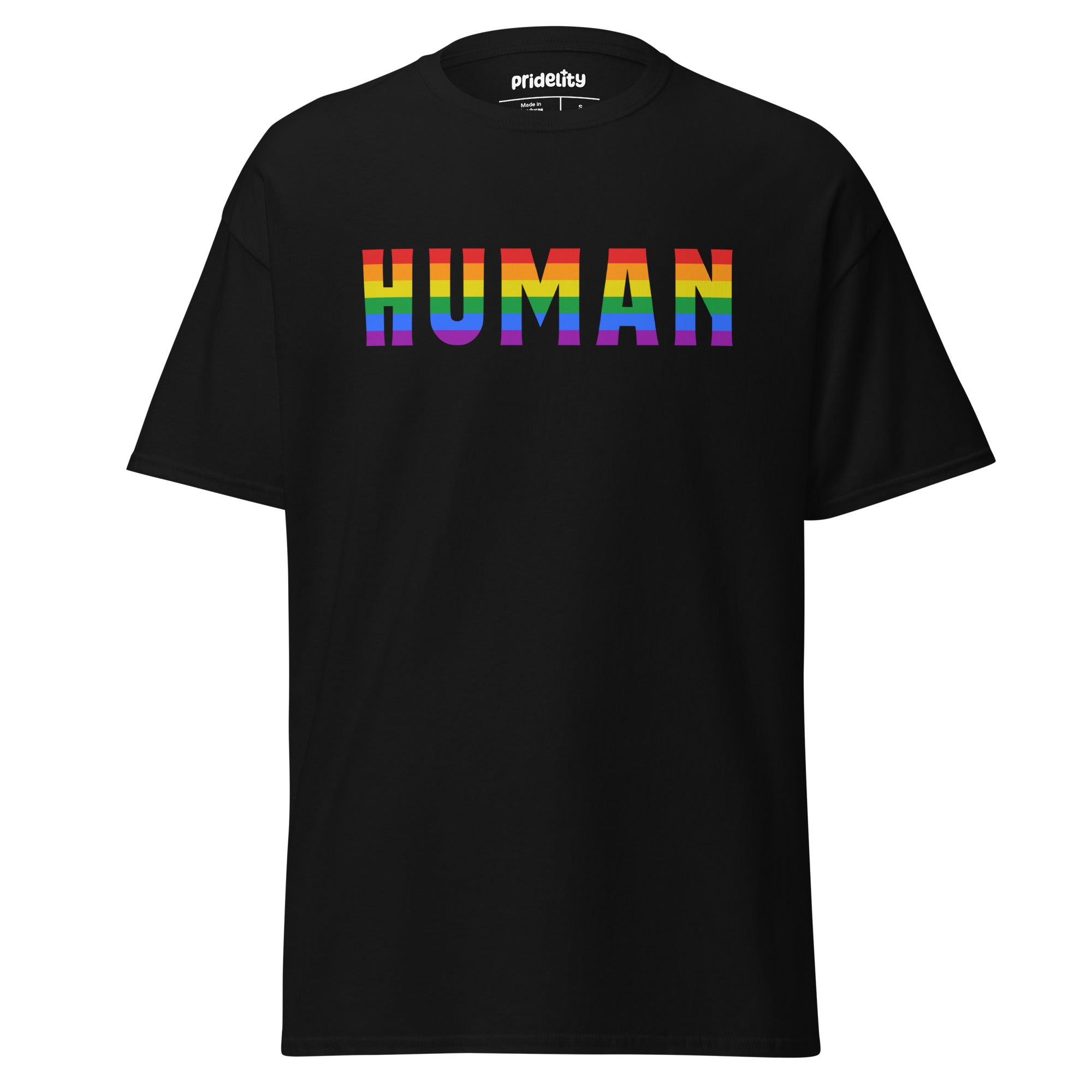 Introducing the Human T-Shirt by Pridelity: a stylish black tee featuring the word 