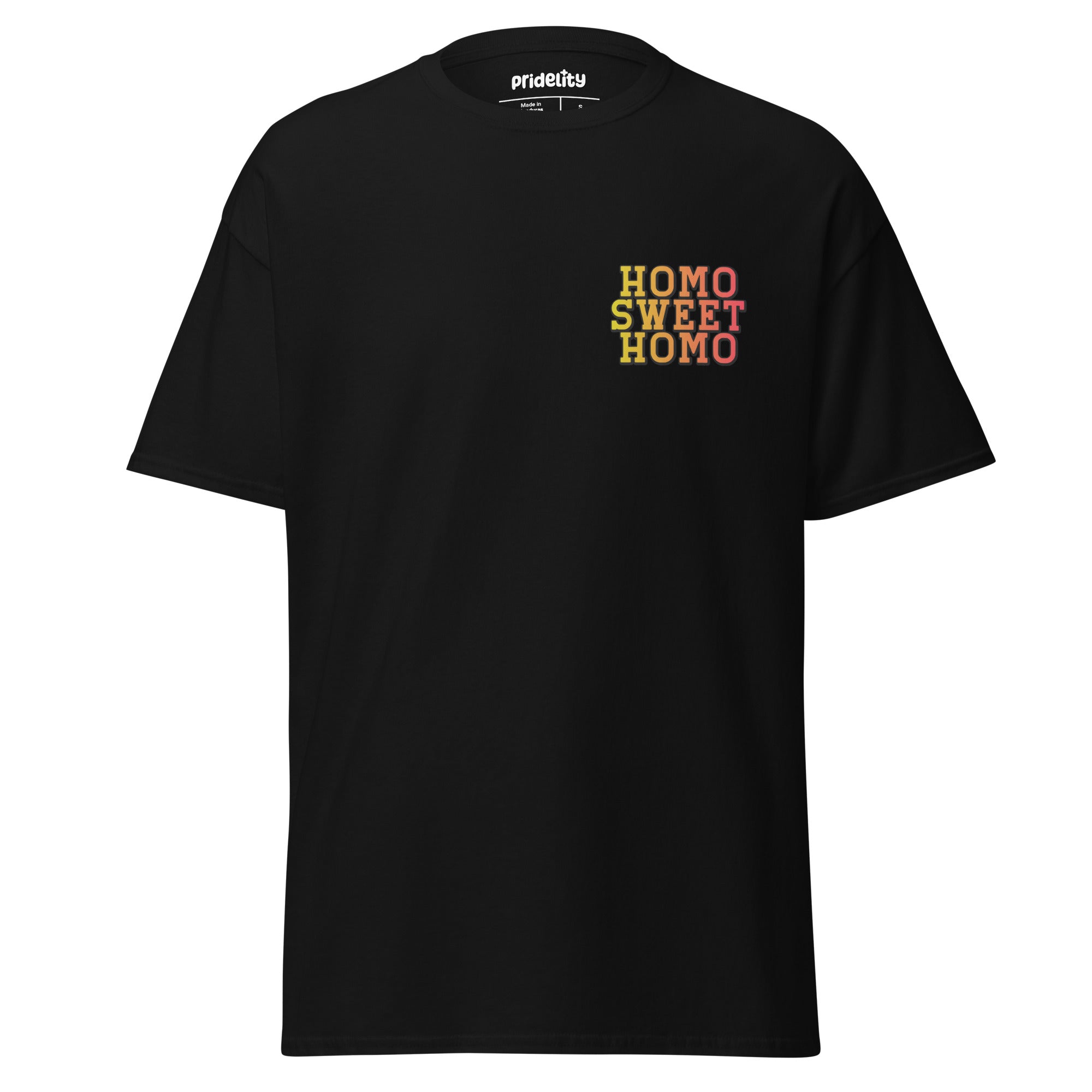 Radiant orange Homo Sweet Homo T-shirt by Pridelity, showcasing the vibrant multicolored 