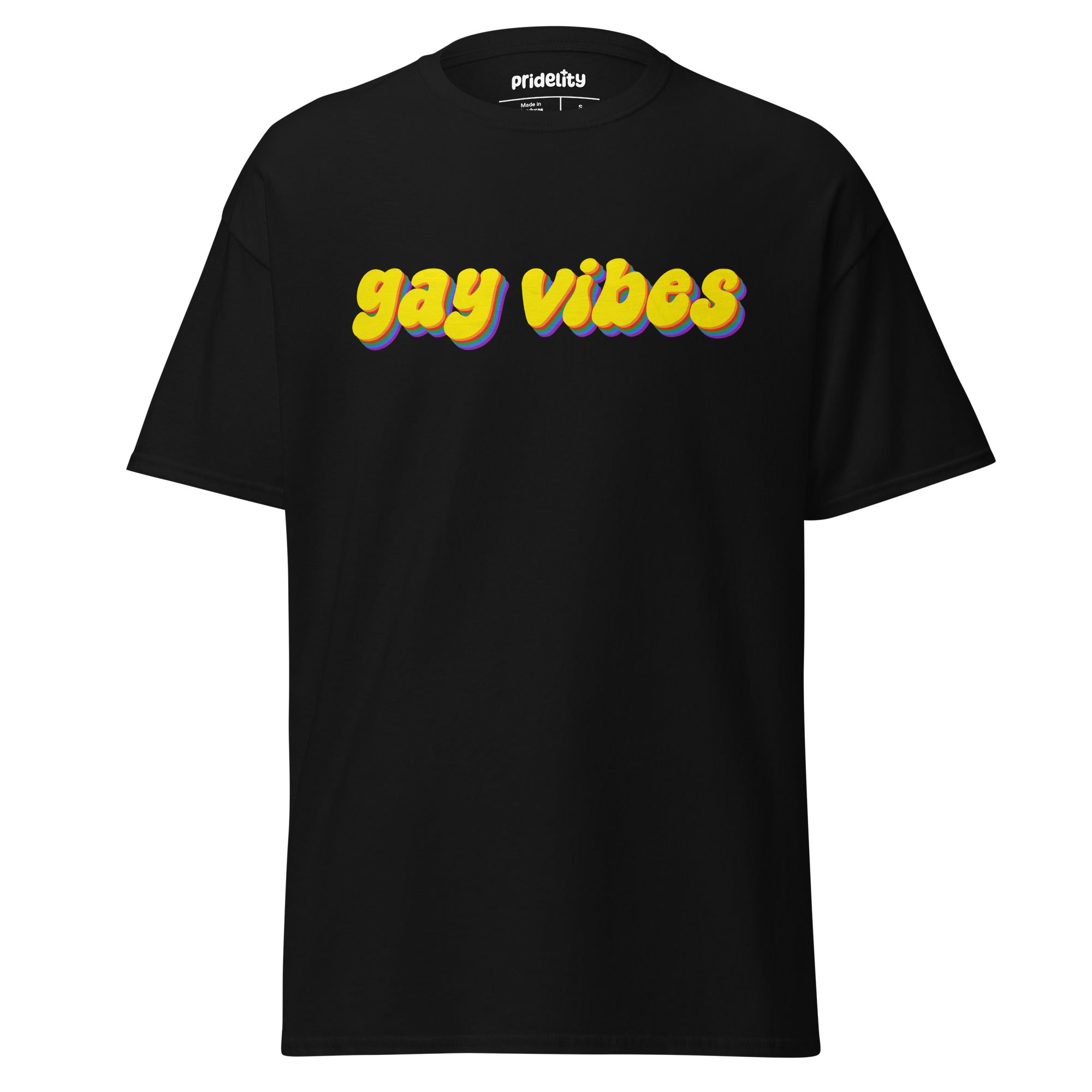 A gold Gay Vibes T-Shirt, crafted by Pridelity, features the bold and colorful 