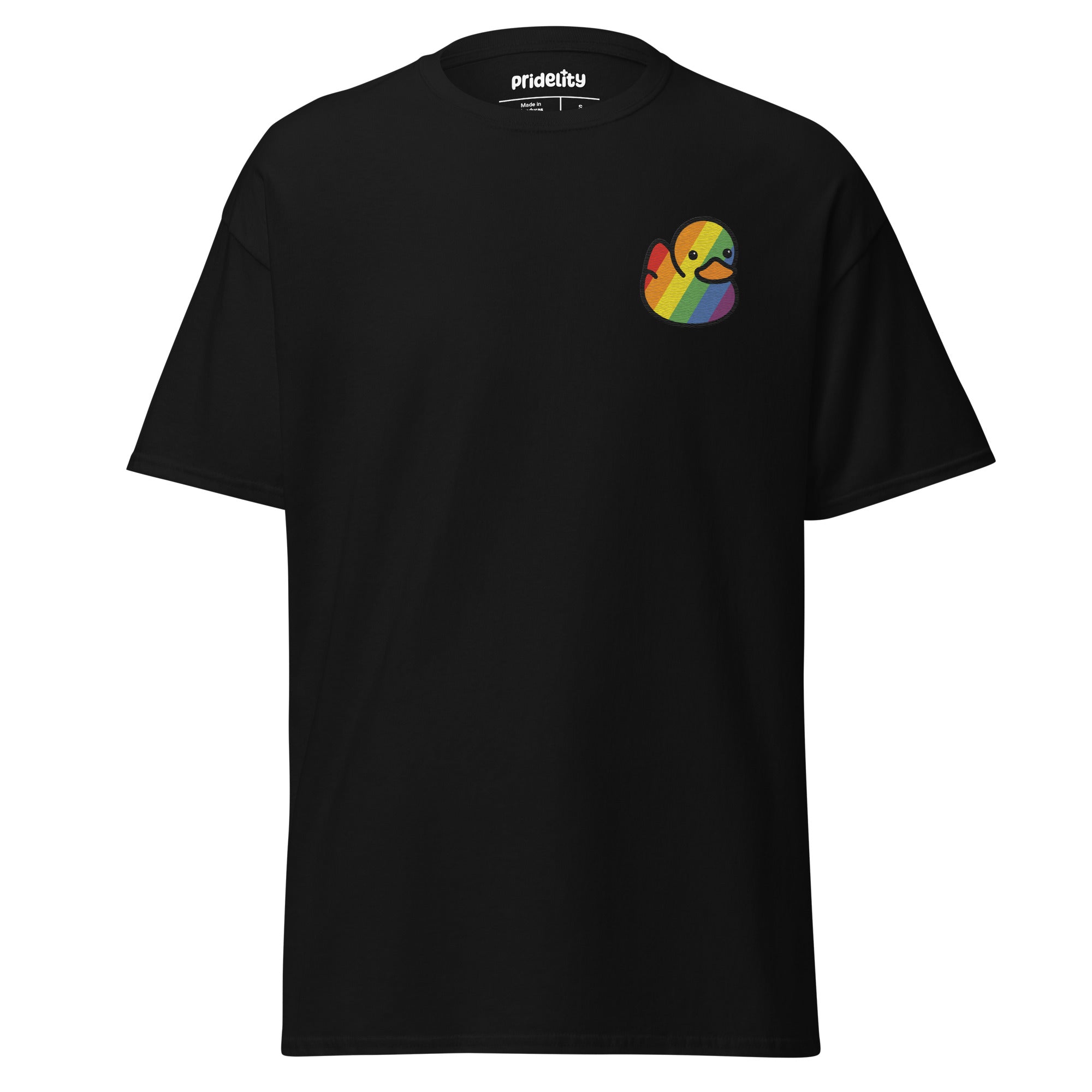 A Pridelity Pride Duck T-Shirt in pink, featuring a small rainbow duck on the chest.