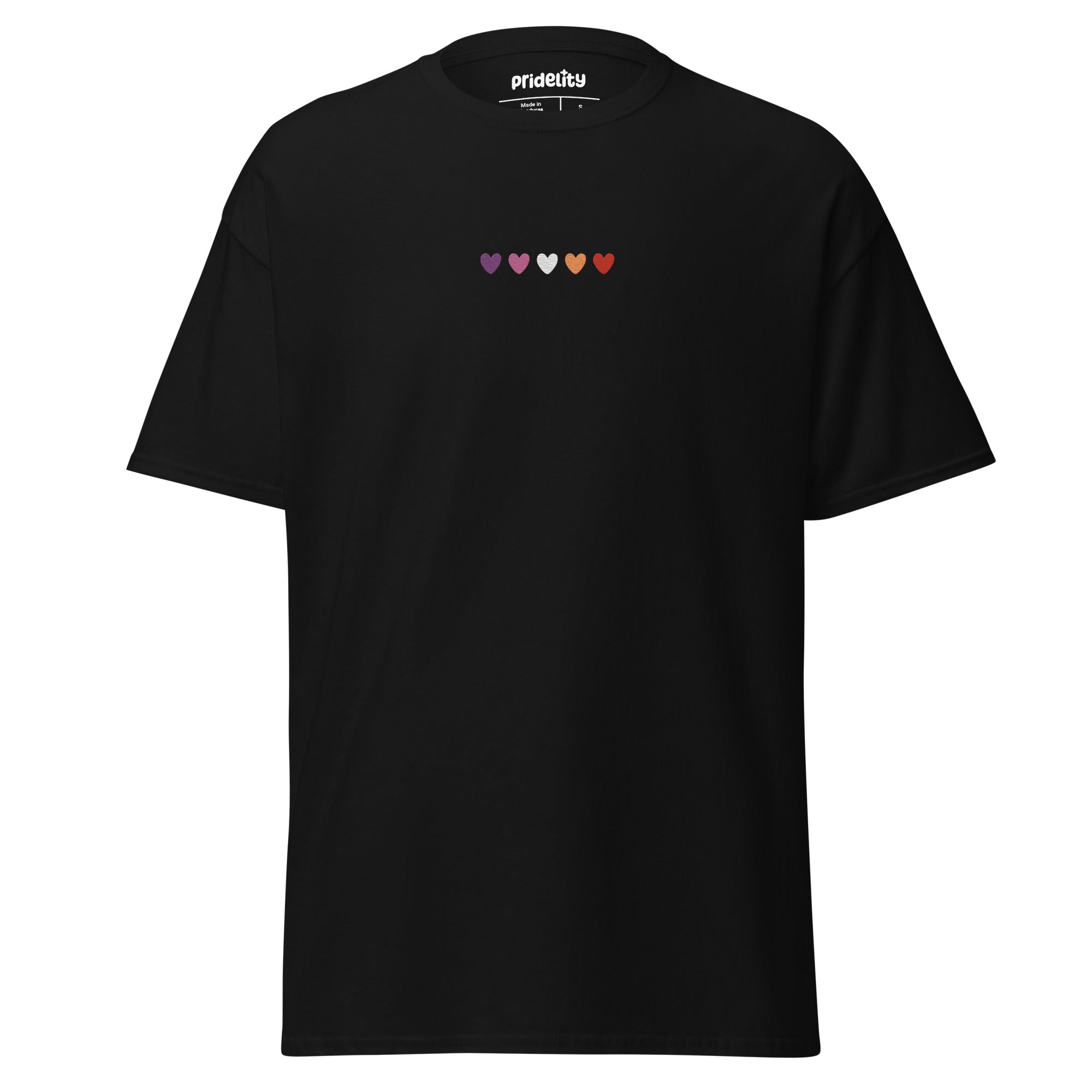 A maroon t-shirt called the Lesbian Love T-Shirt features six small hearts across the chest, each in different colors: purple, blue, teal, green, orange, and yellow. The brand name 