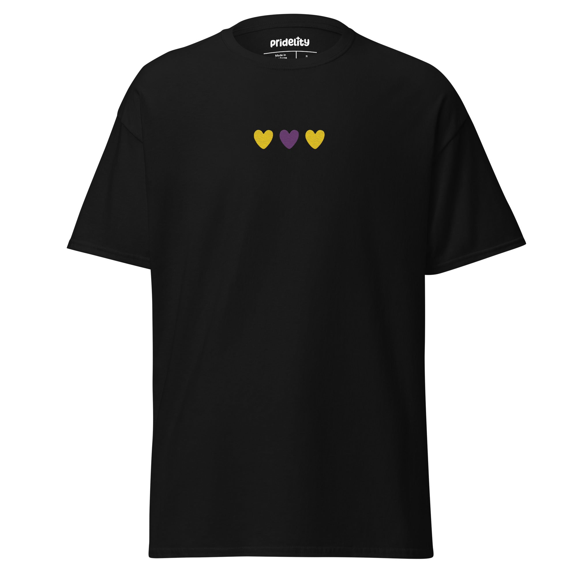 Introducing the Intersex Love T-Shirt by Pridelity, featuring three gracefully aligned small hearts in yellow, purple, and black across the chest.